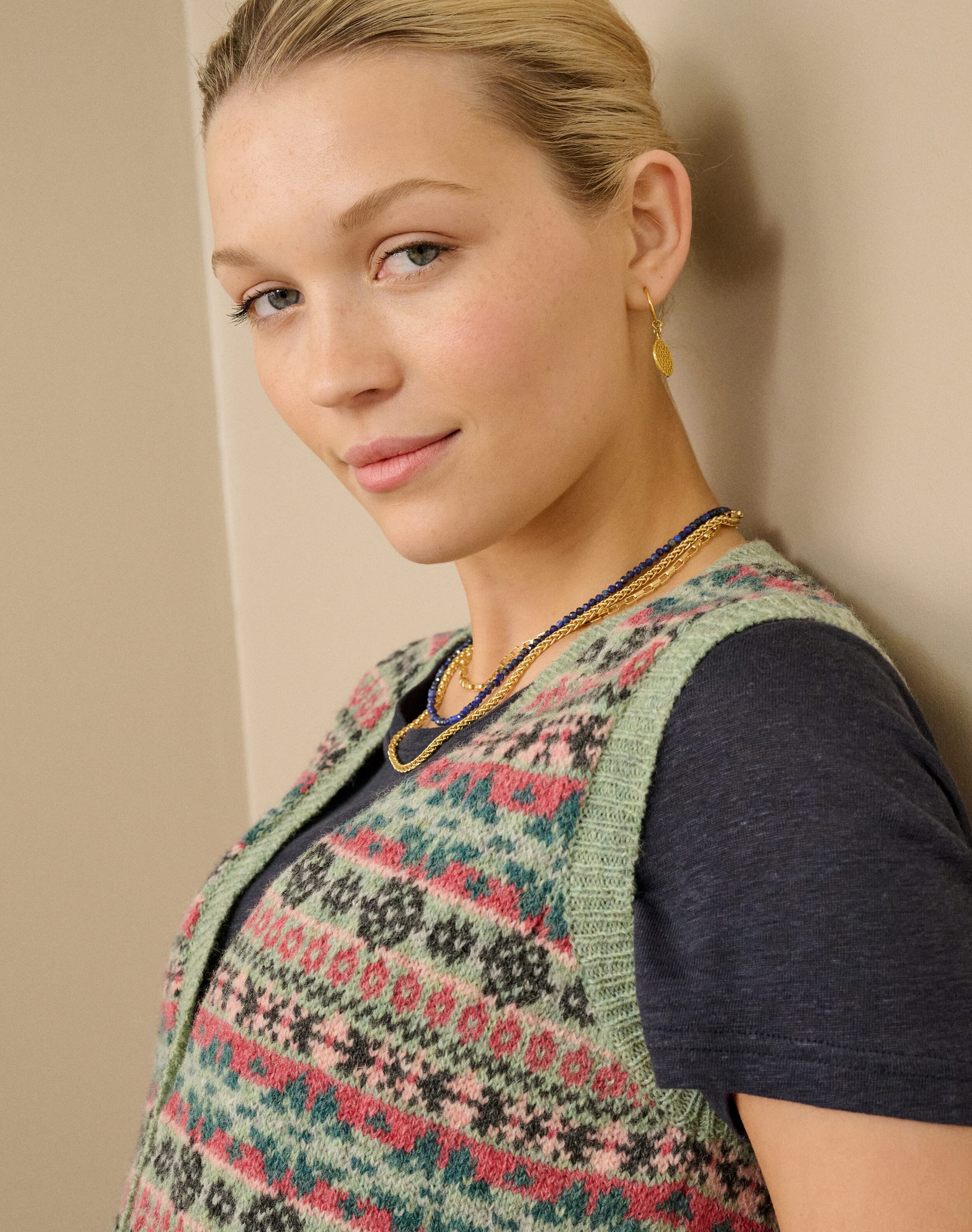 Wool Fair Isle Sleeveless Cardigan in Eucalyptus | Brora Clearance