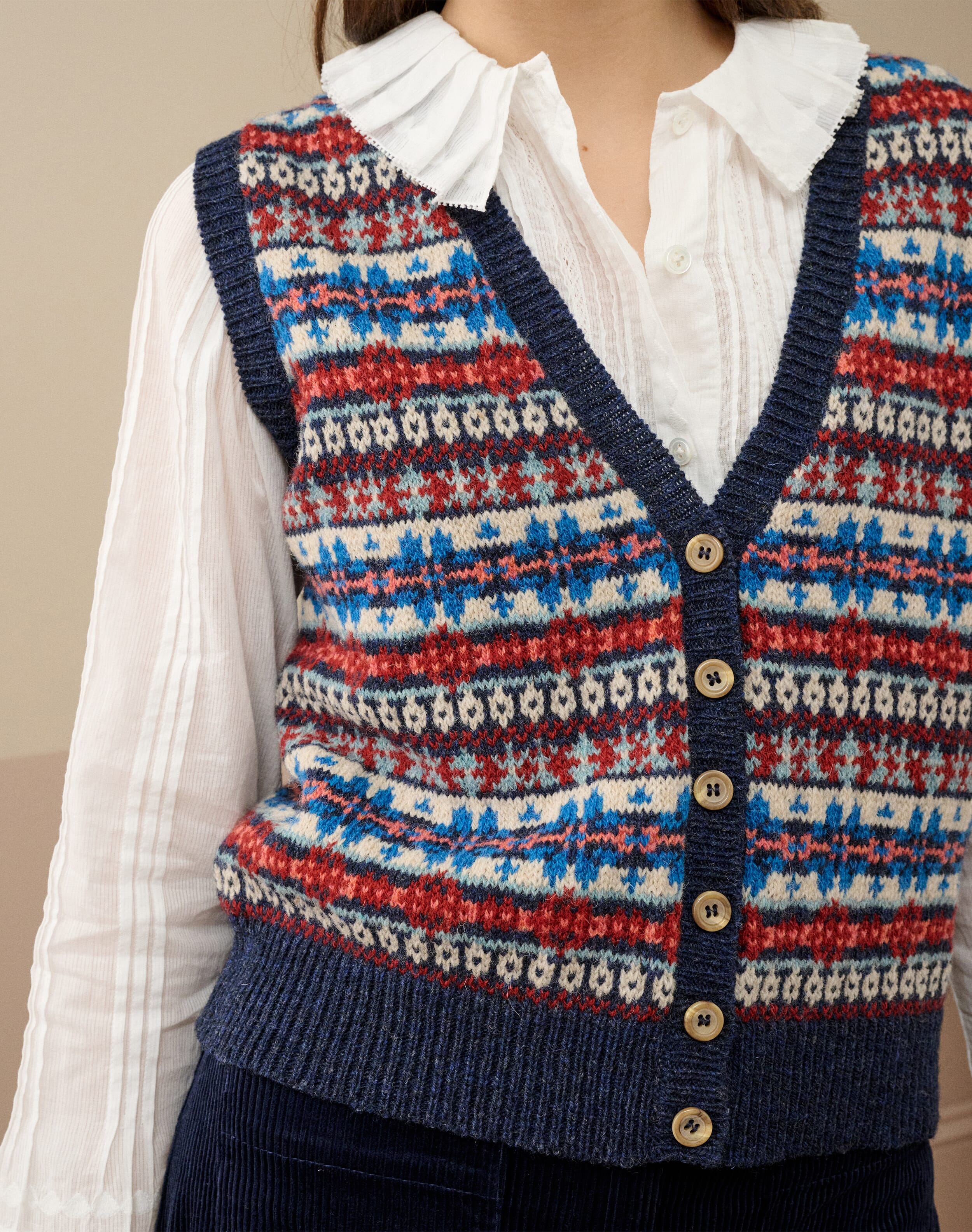 Wool Fair Isle Sleeveless Cardigan in Navy | Brora Clearance