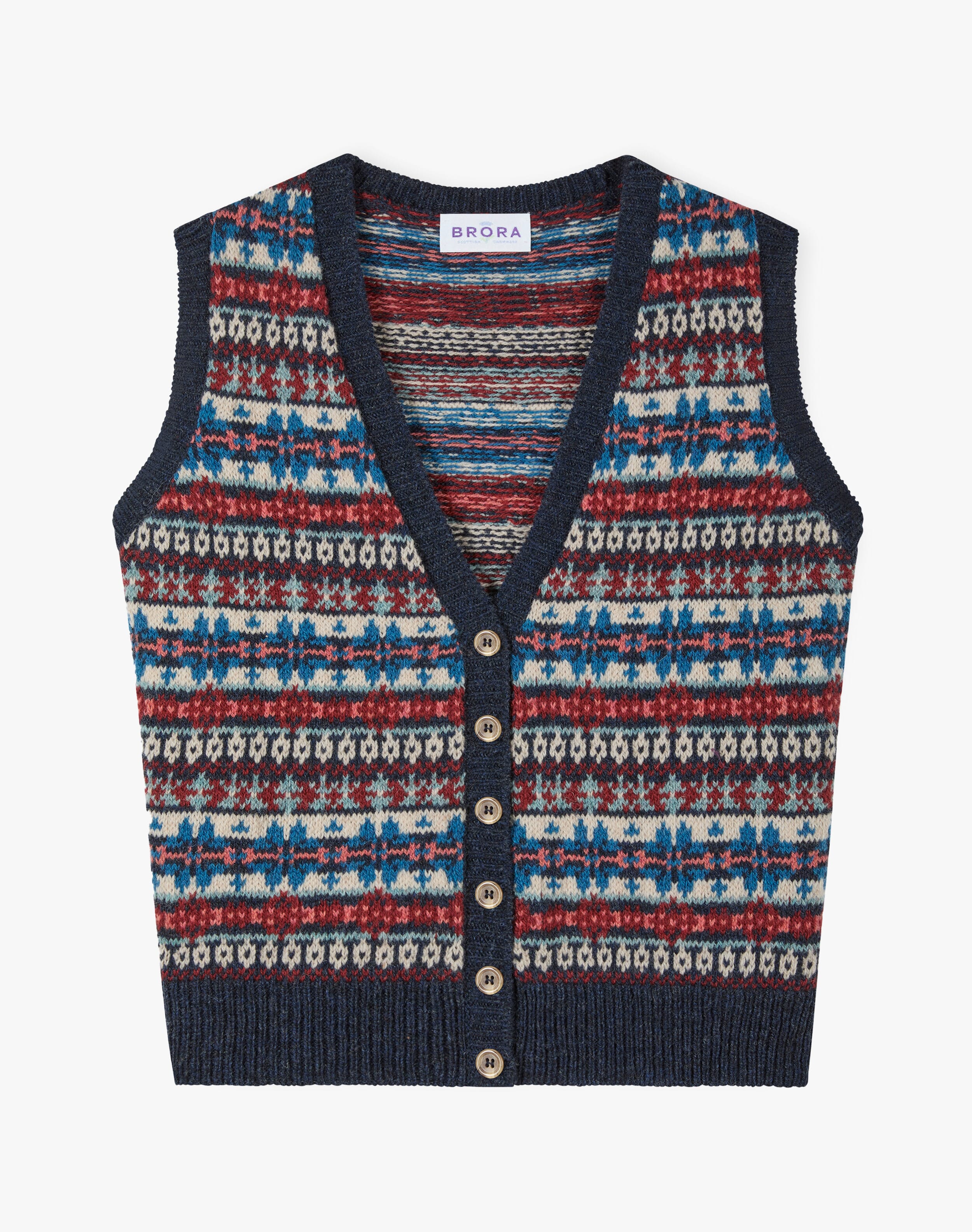 Wool Fair Isle Sleeveless Cardigan in Navy | Brora Clearance