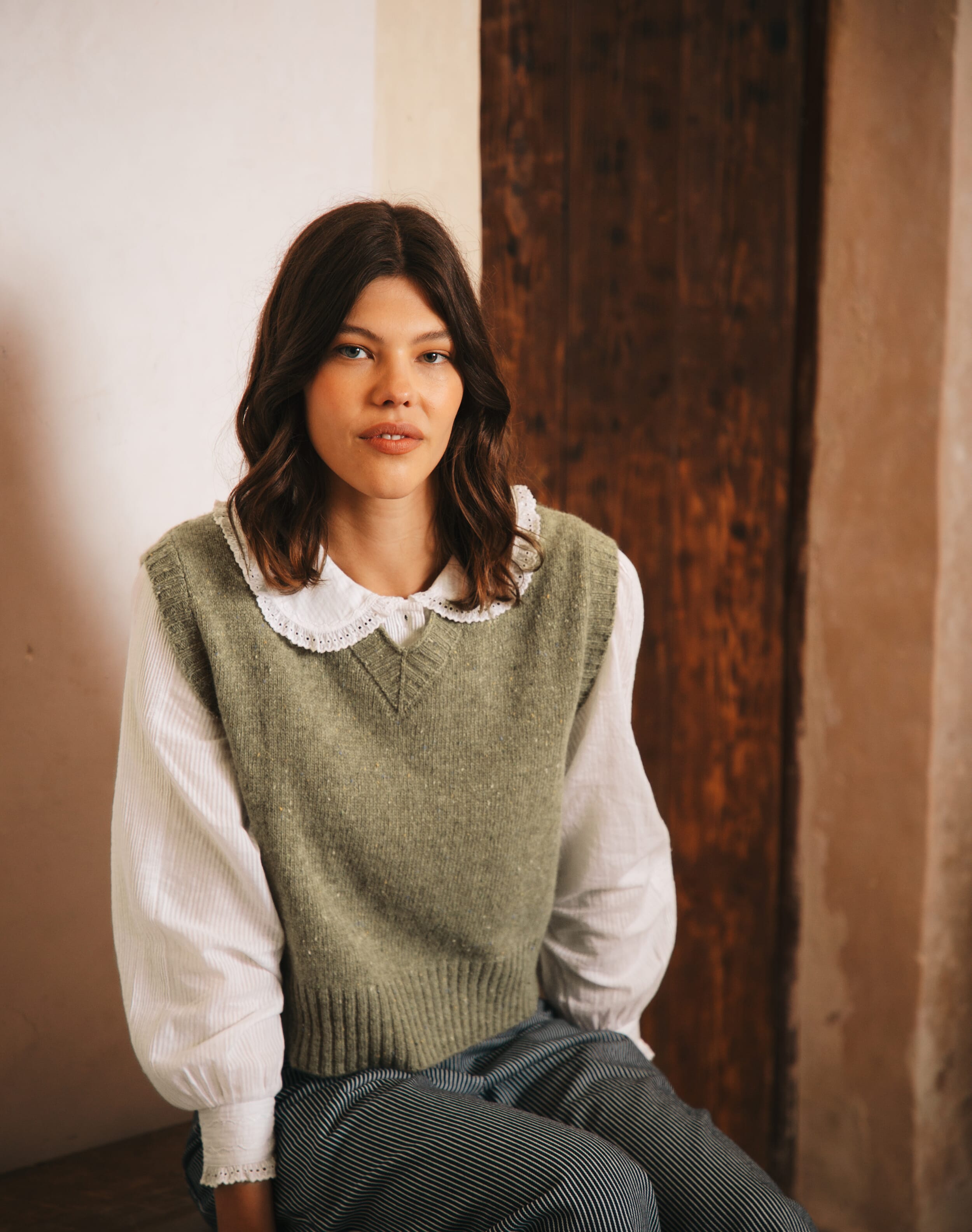 Brora Wool Donegal V Neck Tank Lichen  - Size: 4-6