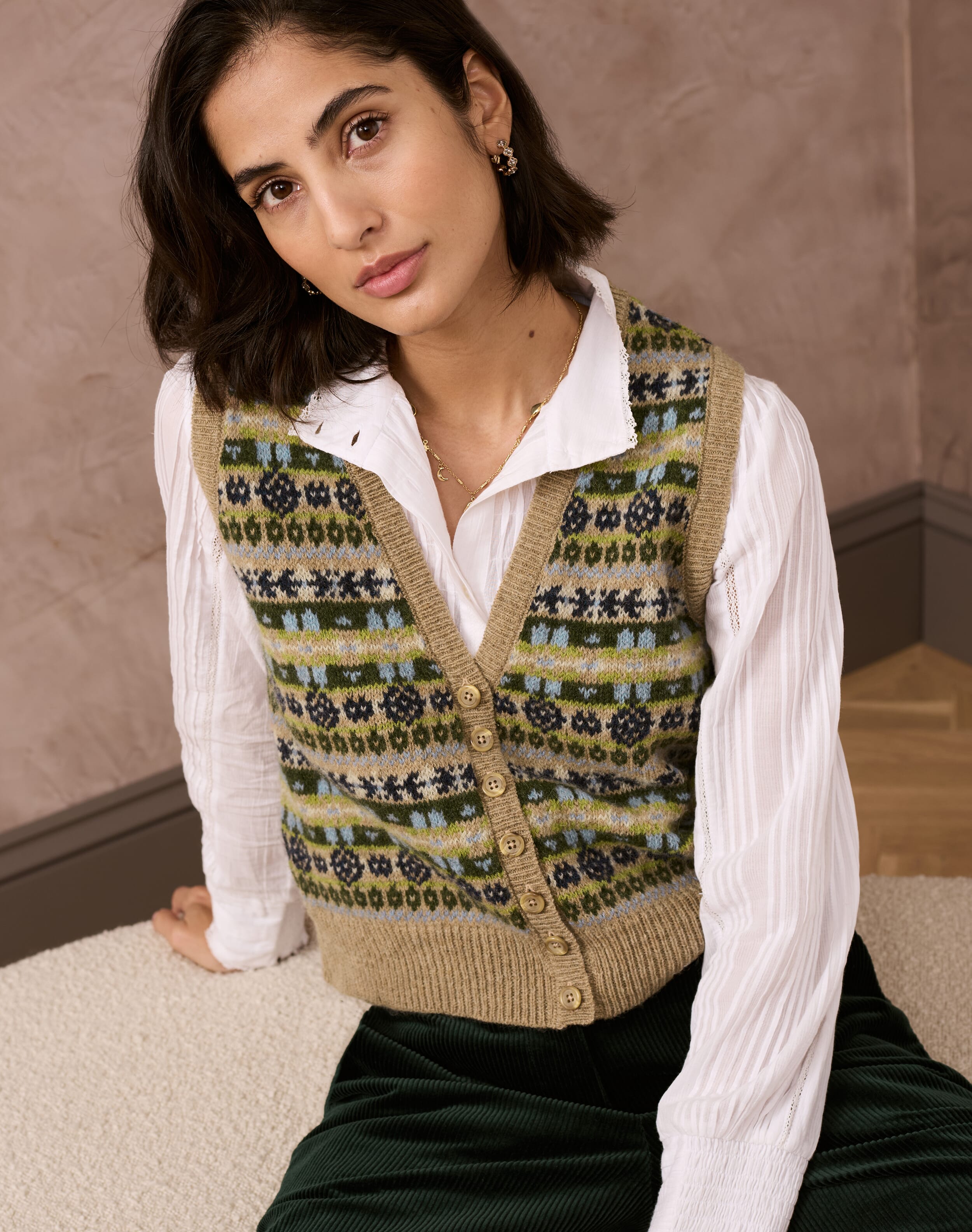 Wool Fair Isle Sleeveless Cardigan Oak