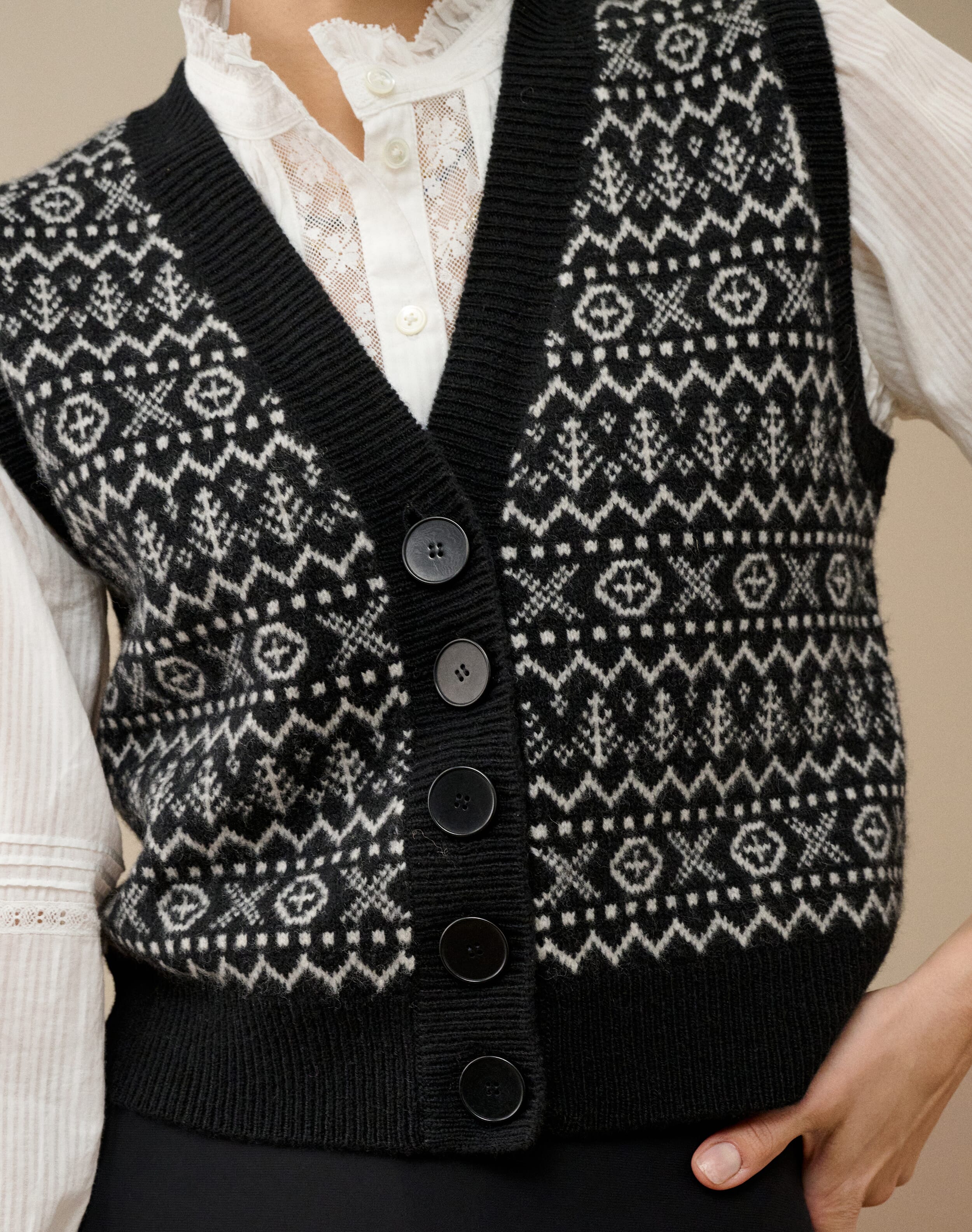 Supersoft Lambswool Fair Isle Waistcoat in Black | Brora Clearance