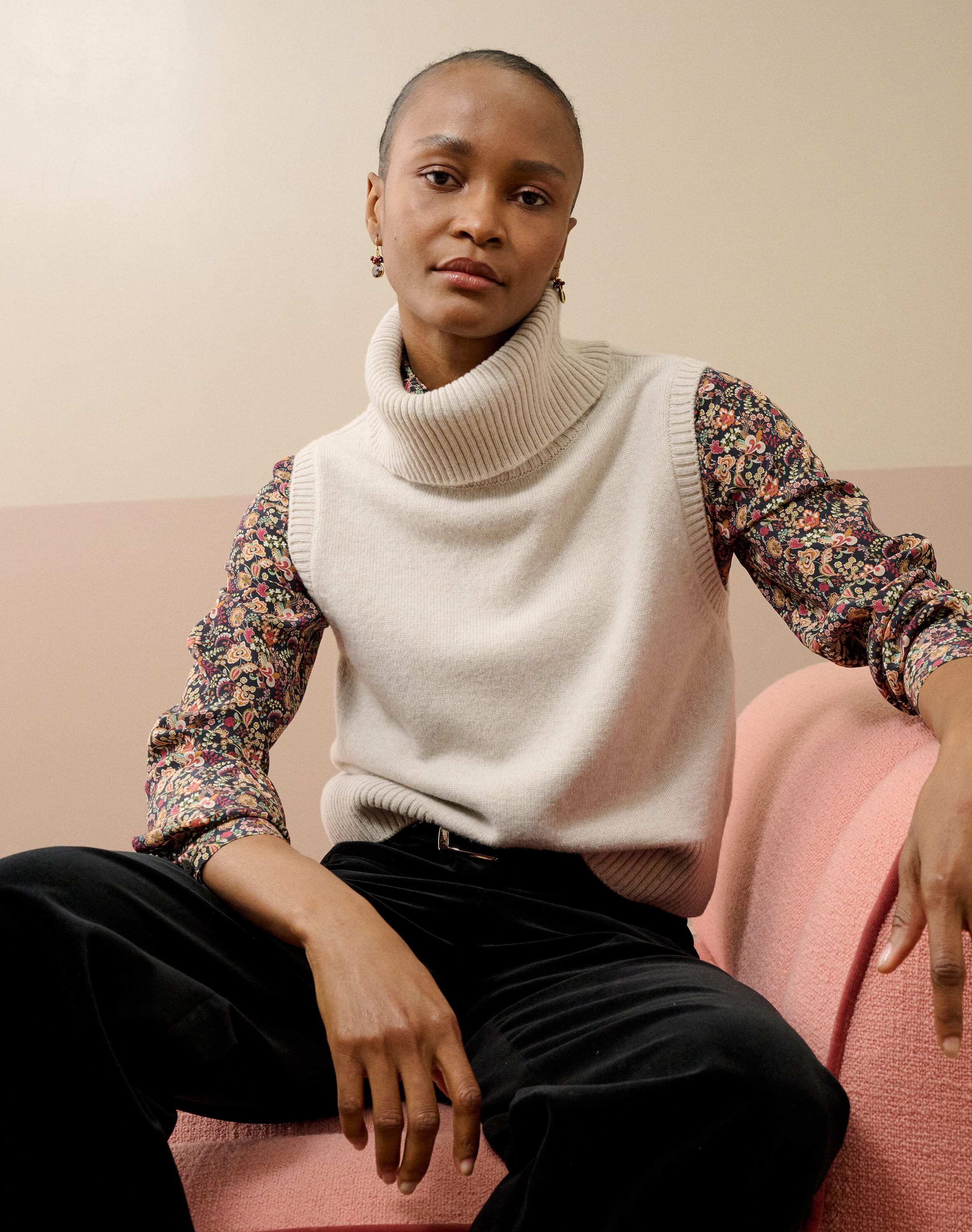 Supersoft Lambswool Sleeveless Polo Neck in Oatmeal | Clearance