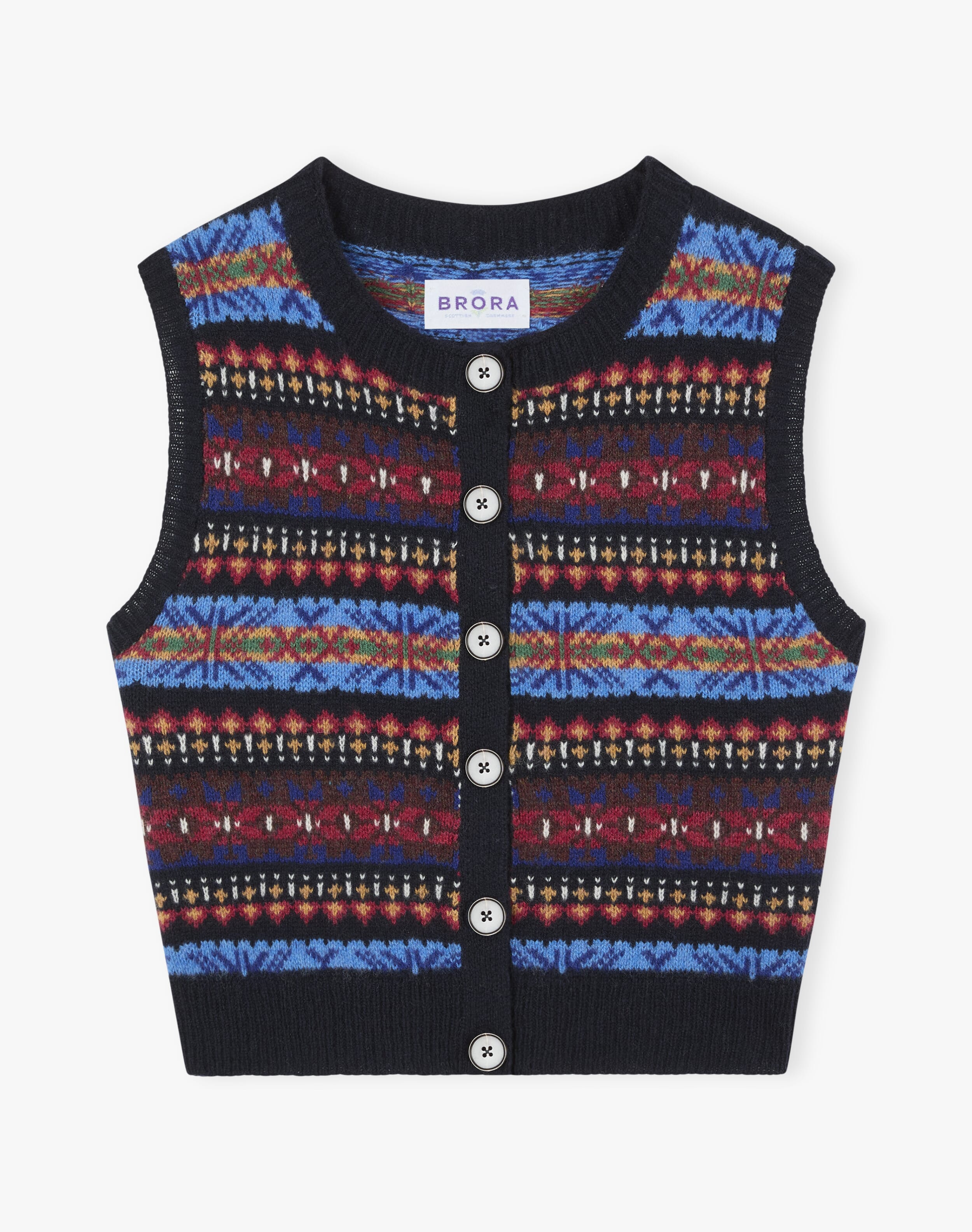 Merino Lambswool Fair Isle Waistcoat in Navy | Brora Clearance