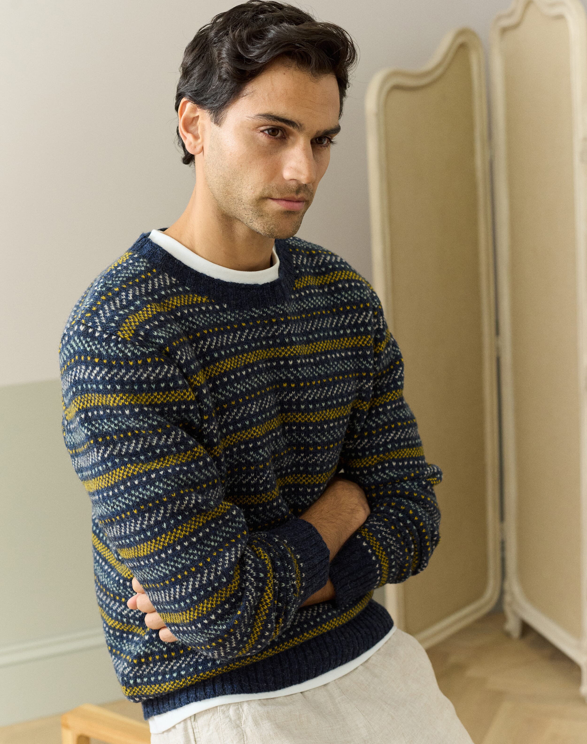 Brora Wool Birdseye Stripe Jumper Navy  - Size: L