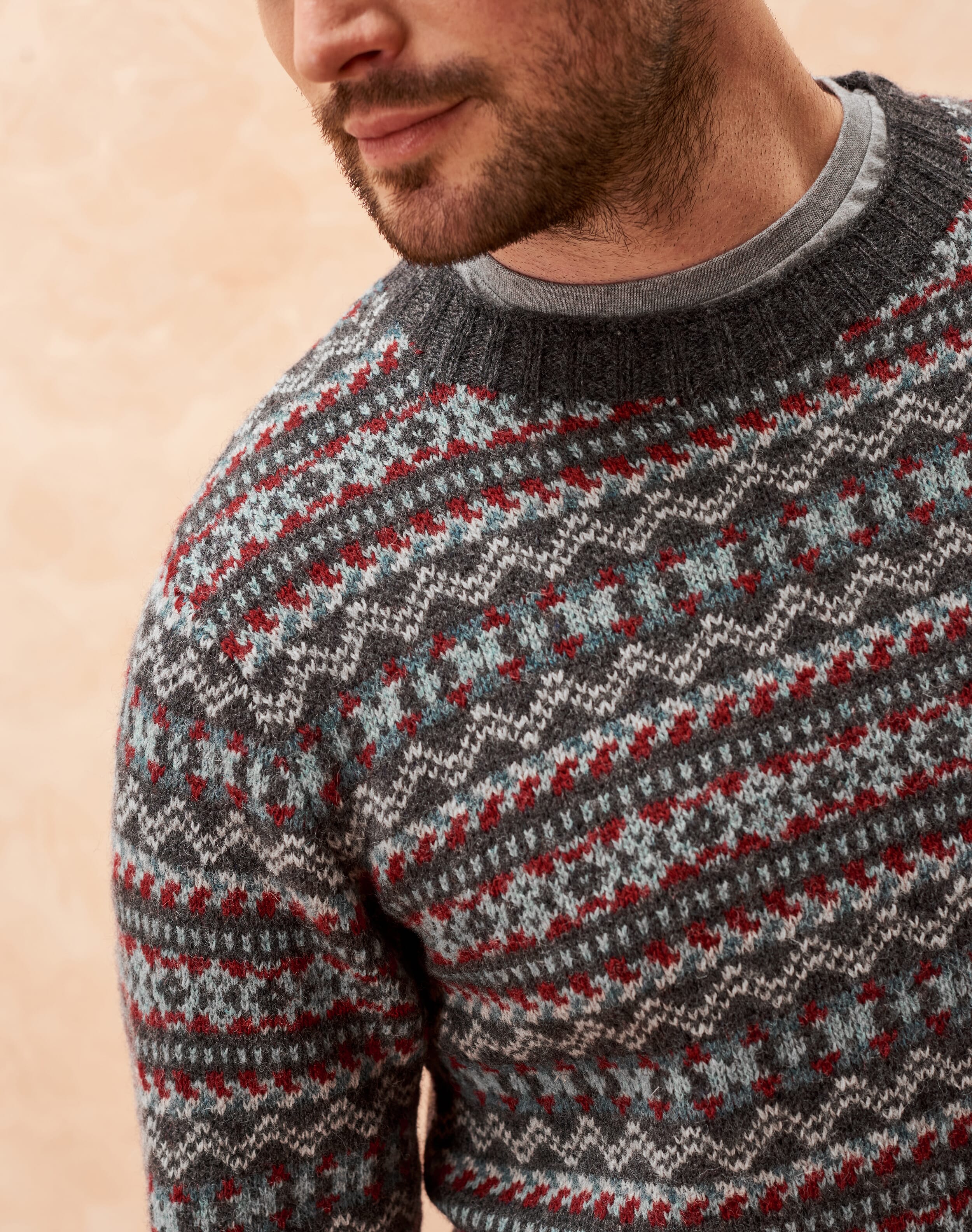 Wool Fair Isle Jumper in Slate Men's Knitwear Brora