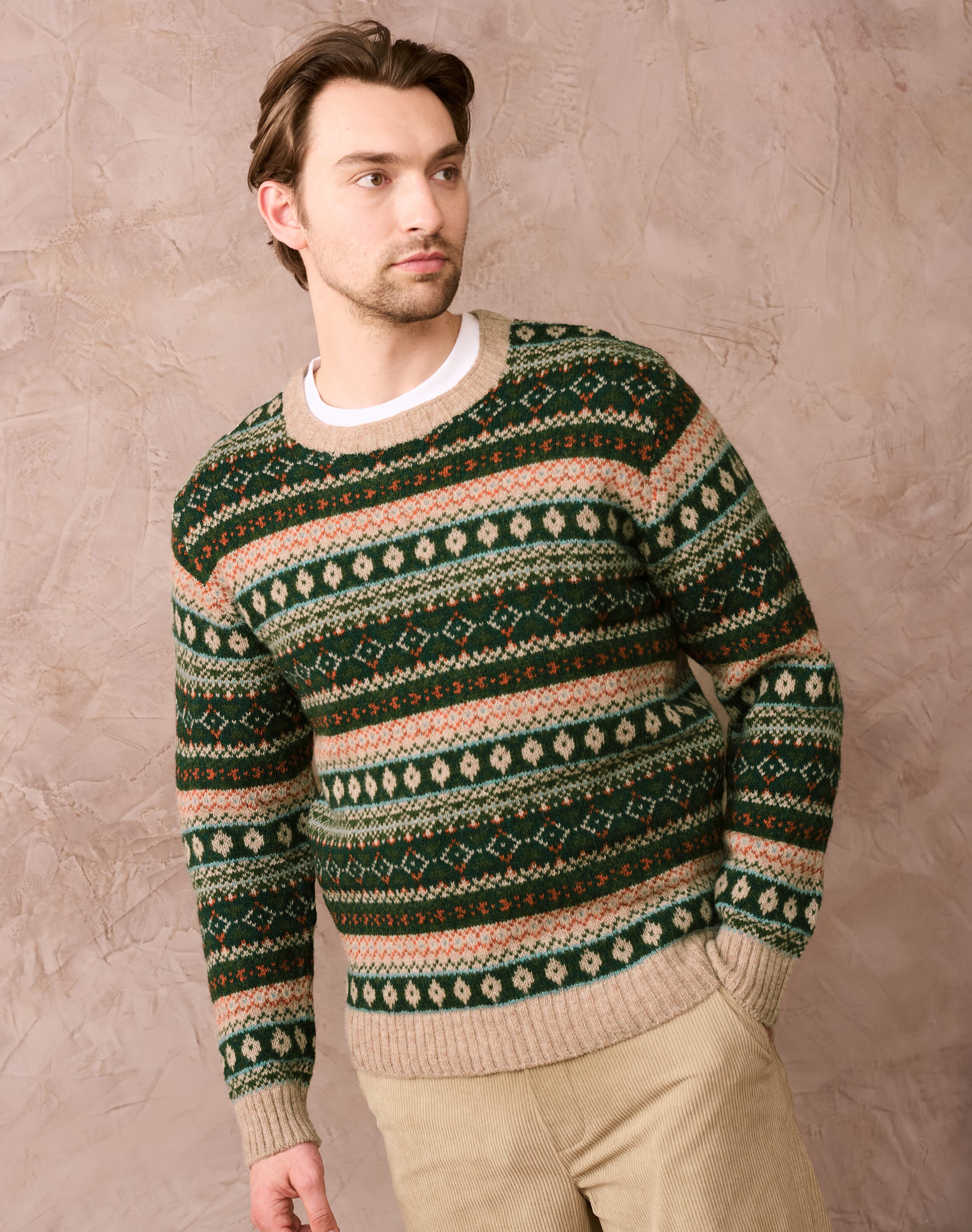 Brora Wool Fair Isle Jumper Oatmeal for Men  - Size: M