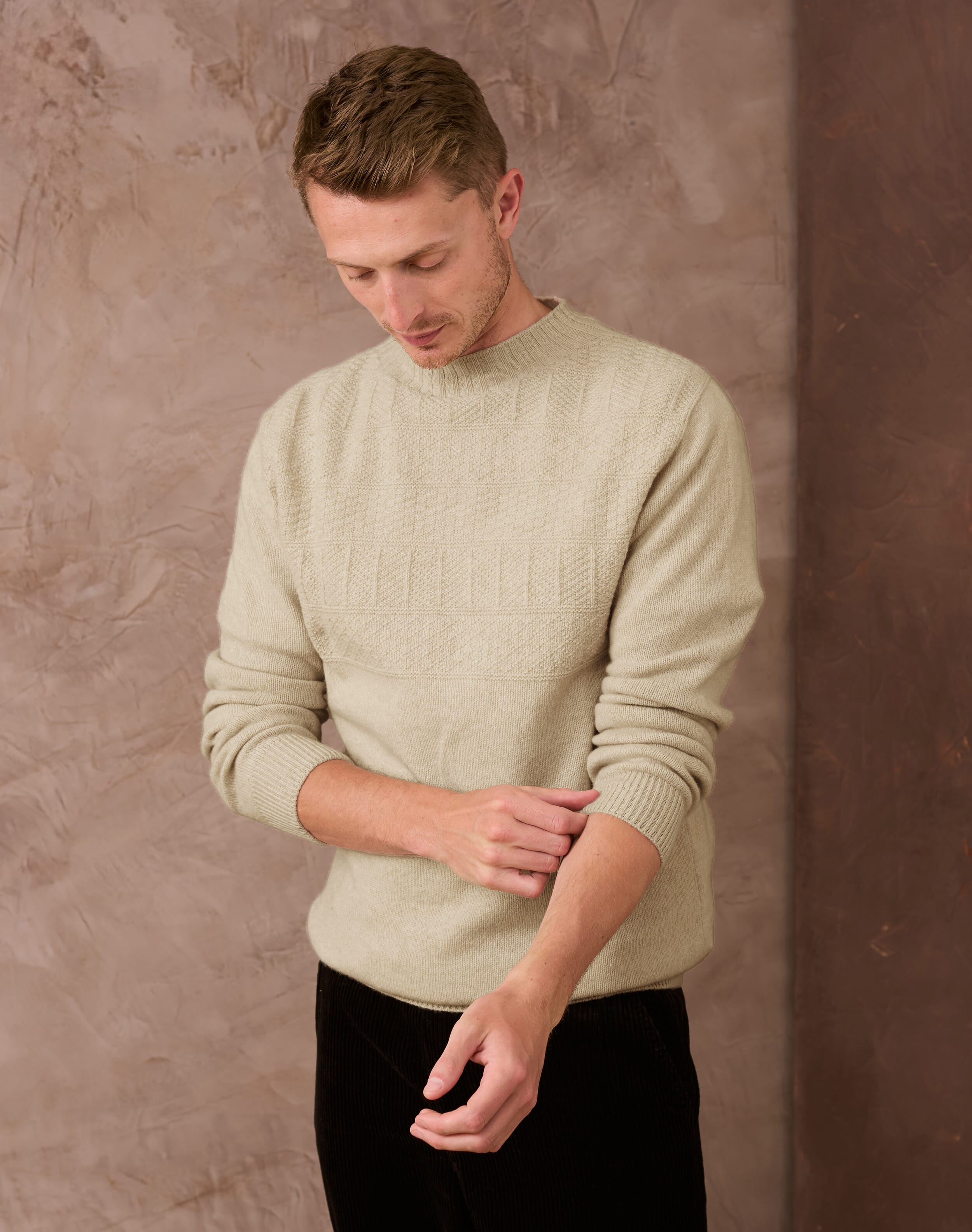 Brora Supersoft Lambswool Guernsey Jumper Oatmeal for Men  - Size: M