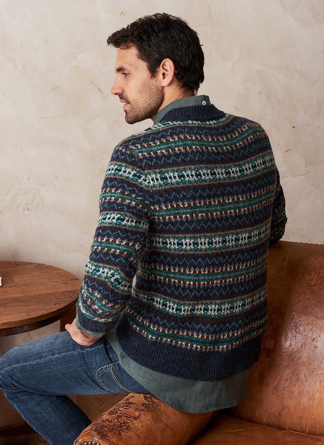 Navy Wool Fair Isle Jumper Men's Sustainable Knitwear Brora