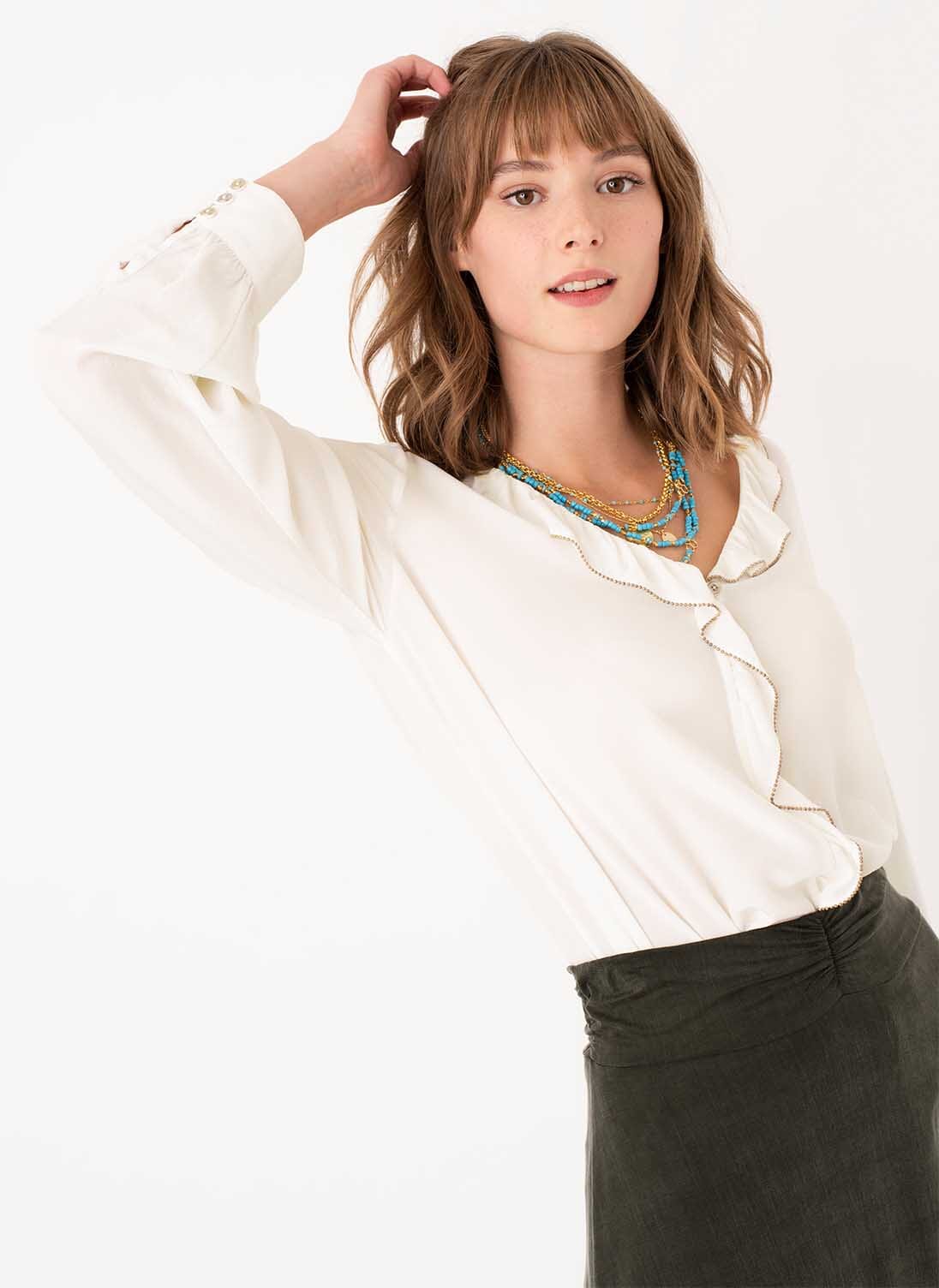 Ivory Women s Silk Ruffle Blouse Shirts Brora UK
