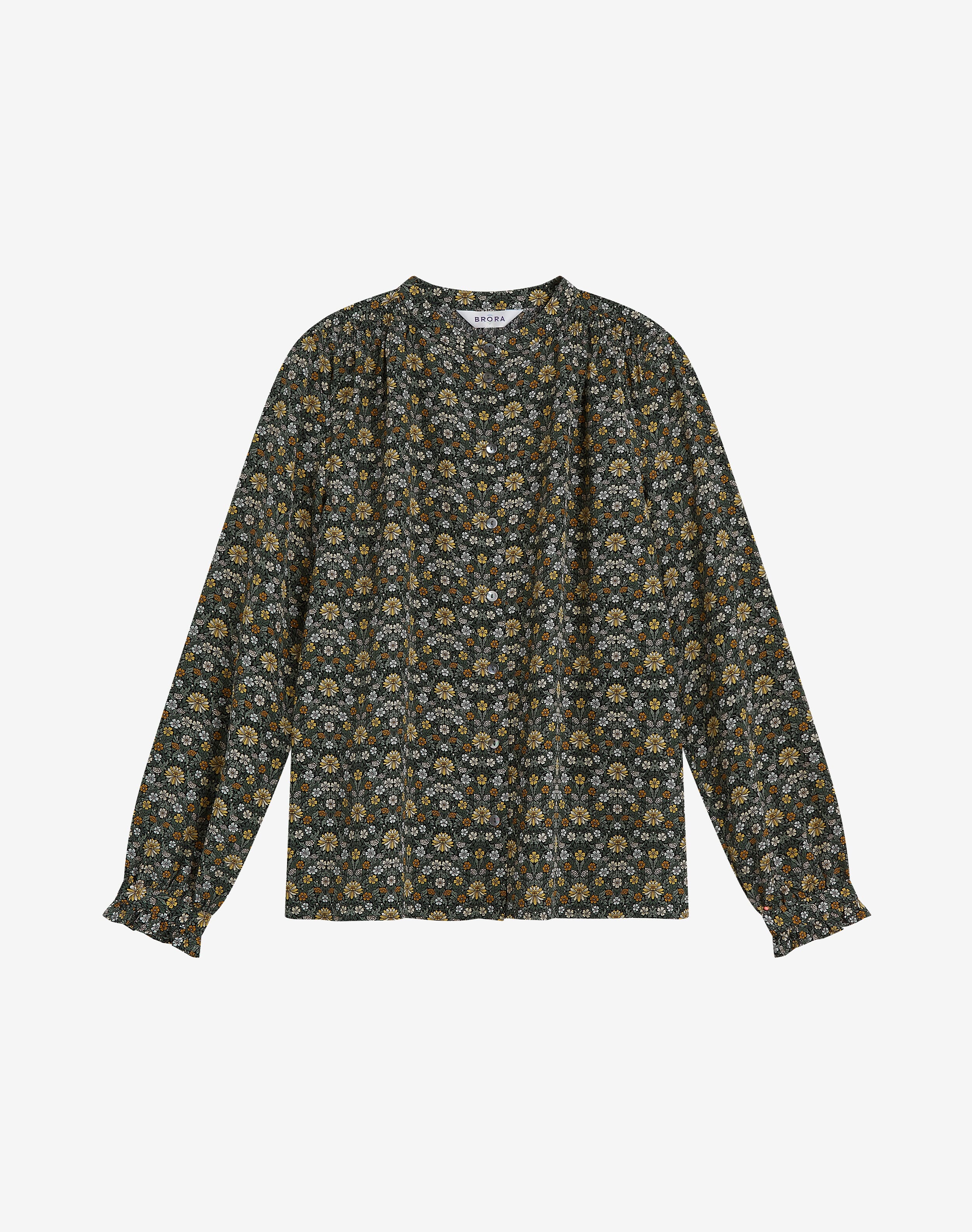 Liberty Print Silk Smocked Shirt in Olive Meadow | Blouses | Brora