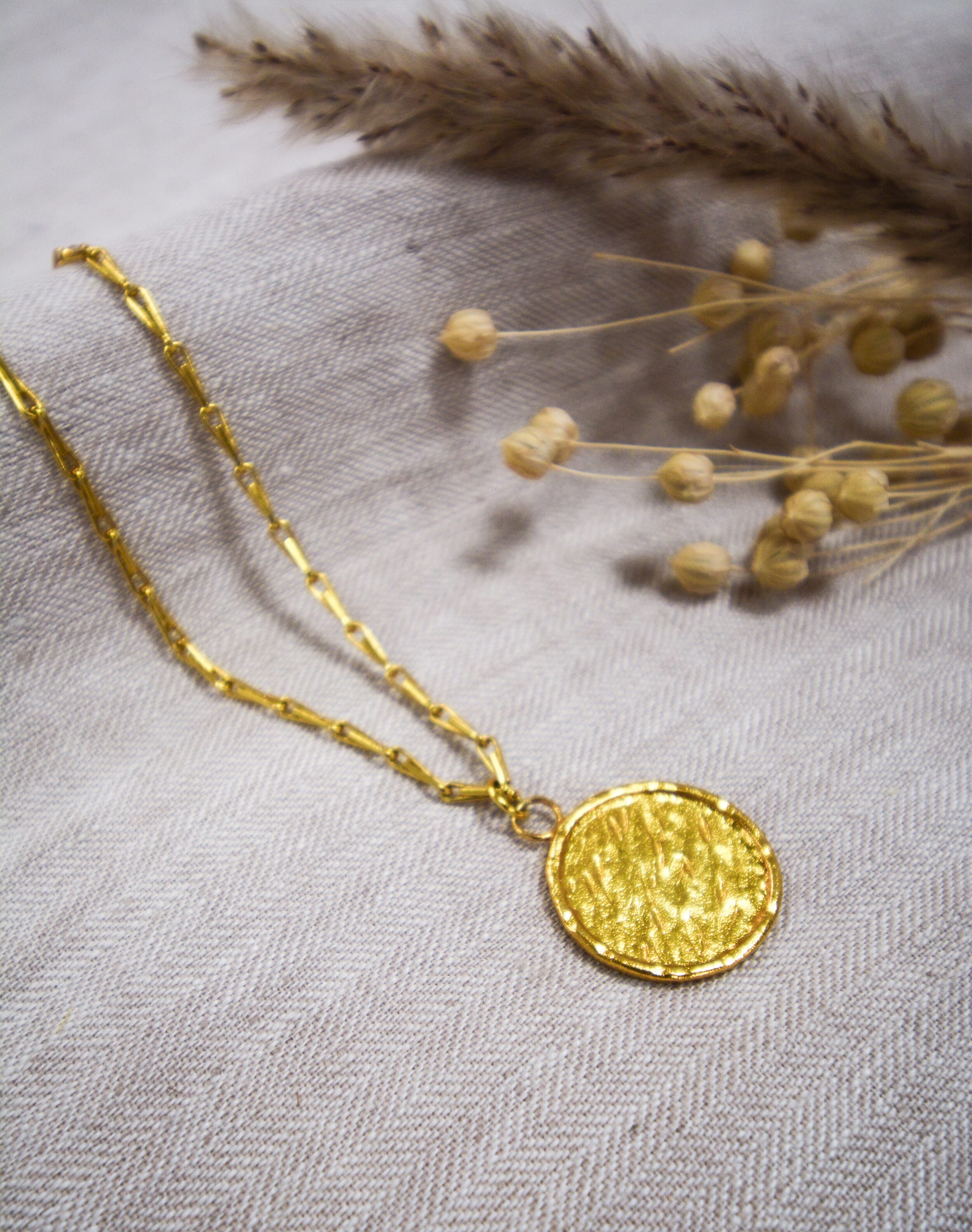 Gold Textured Disc Necklace Gold