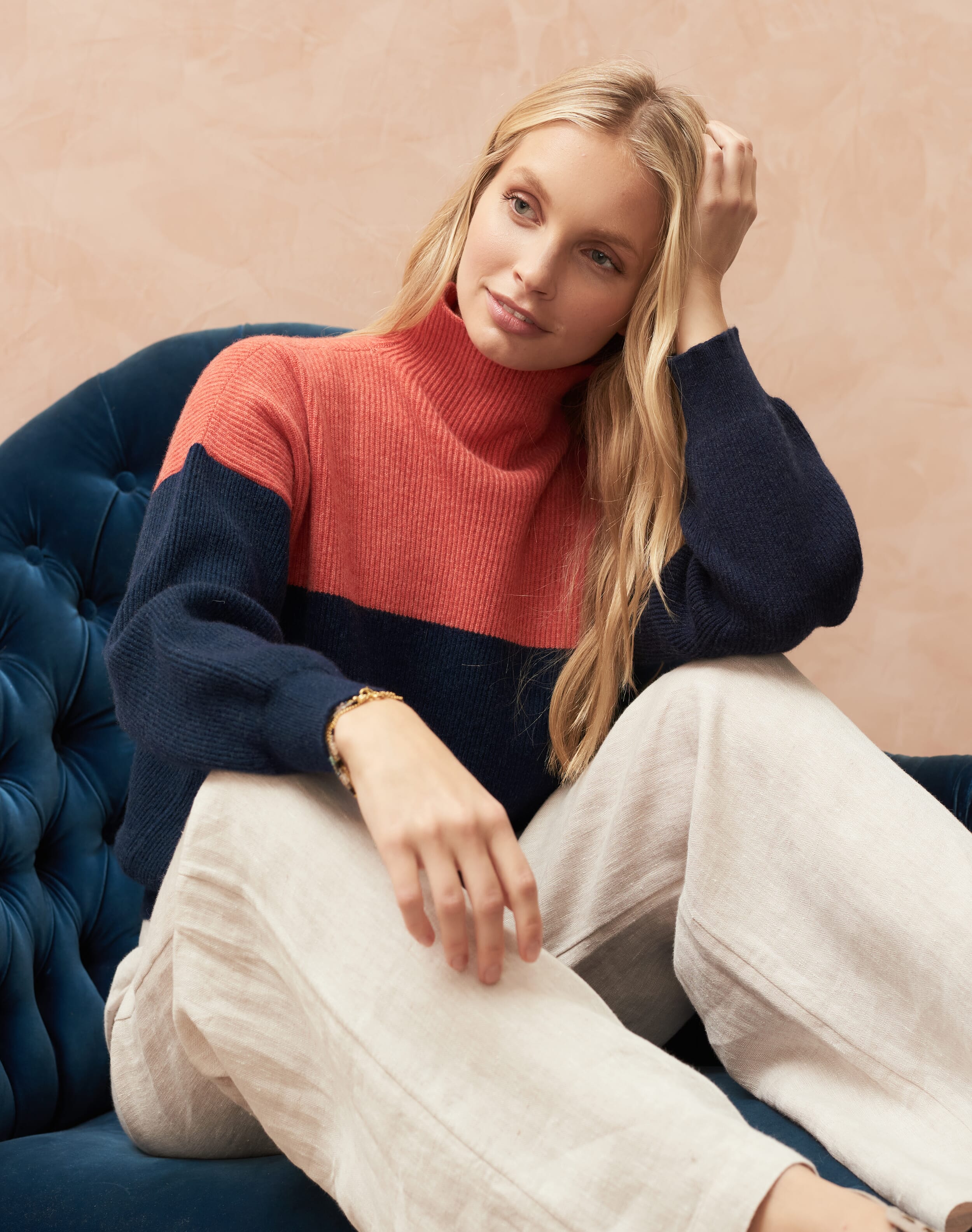 Cashmere Colour Block Funnel Neck in French Navy & Coral | Knitwear | Brora