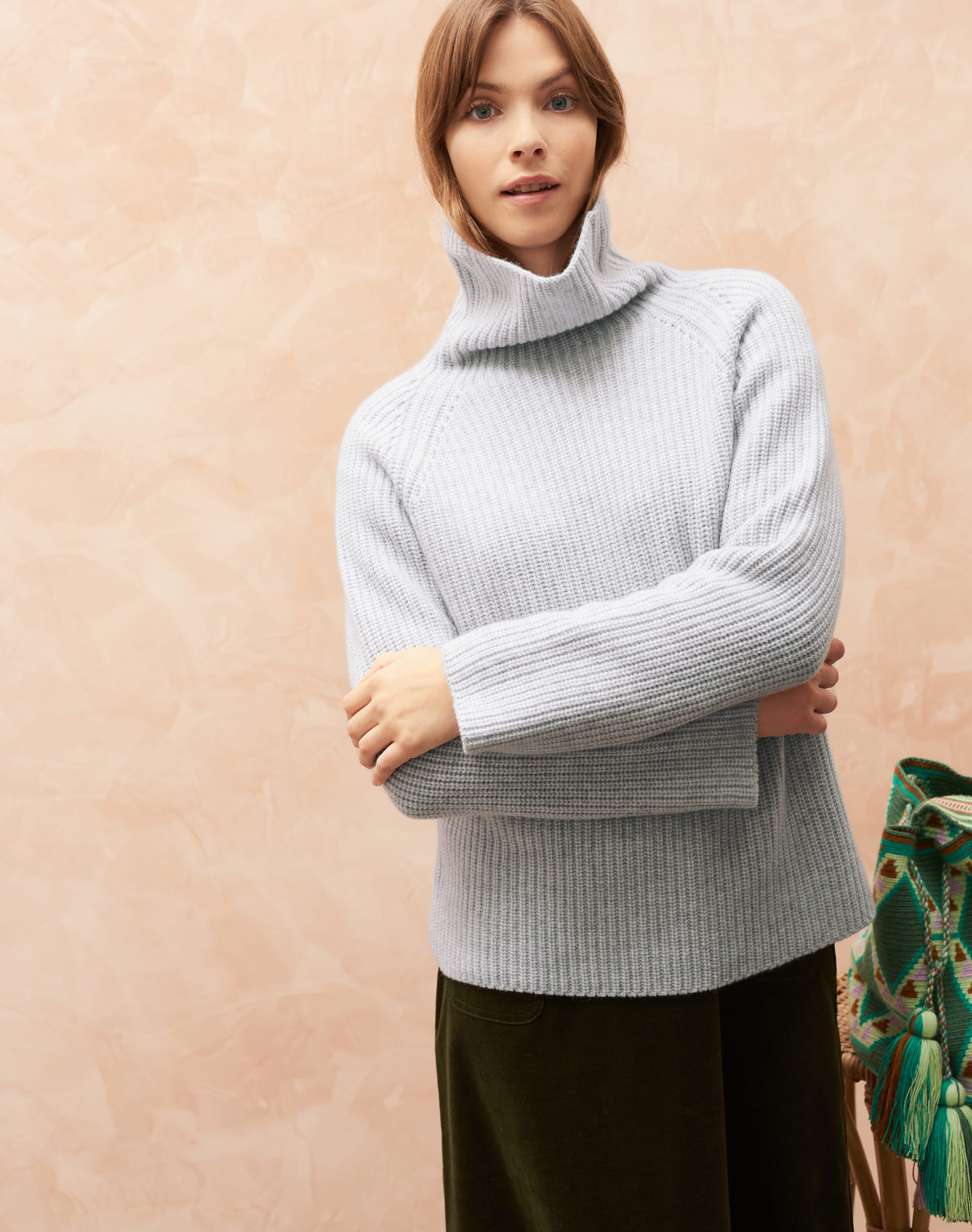 Cashmere Ribbed Funnel Neck in Pearl | Polonecks | Brora