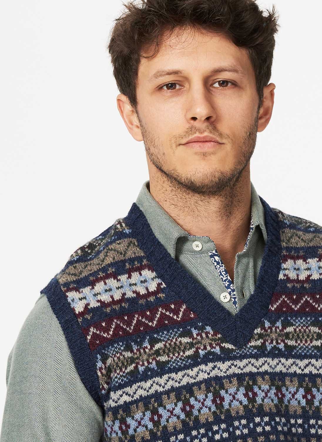 Navy Lambswool Fair Isle Tank Top Men's Knitwear Brora