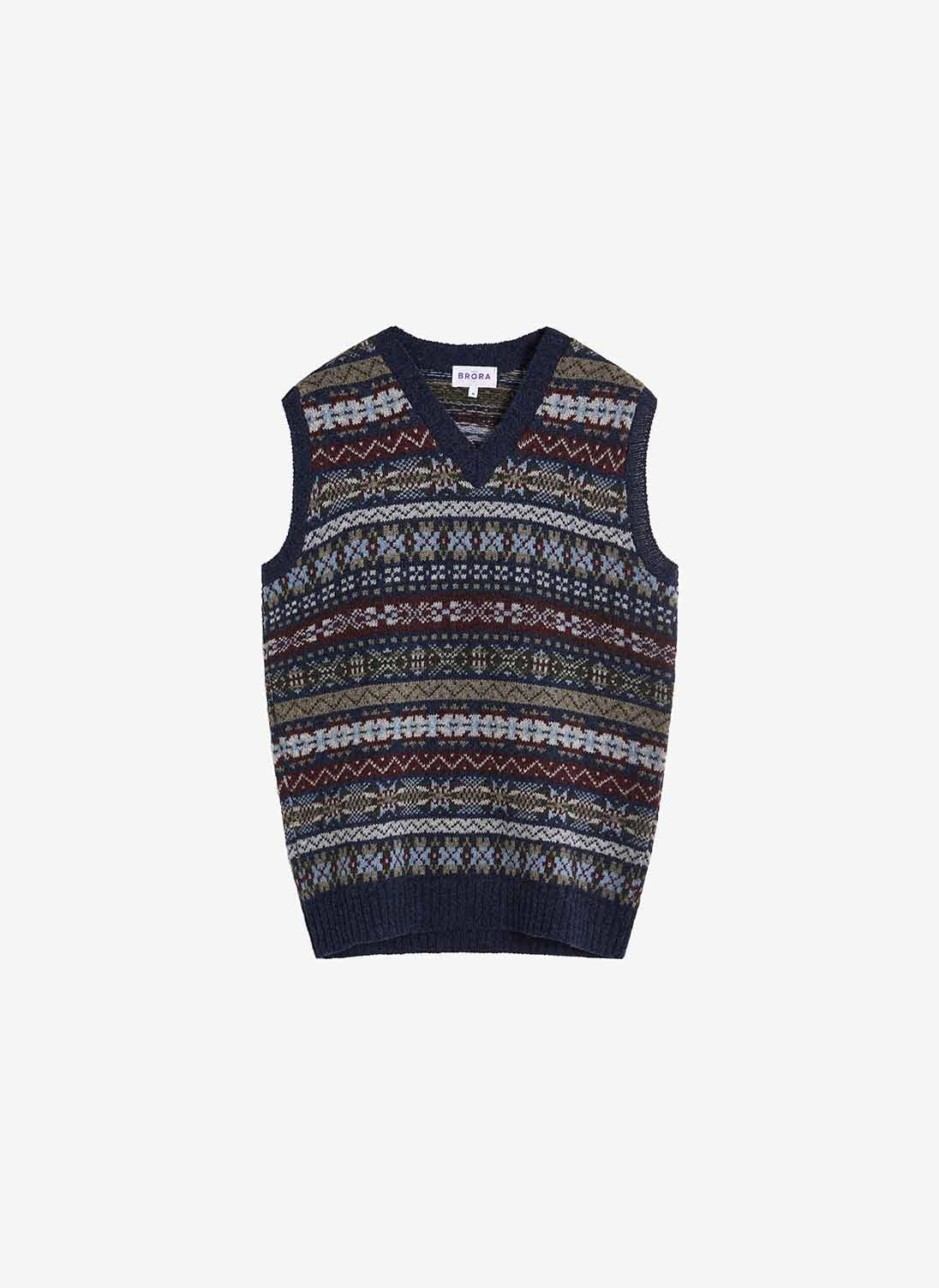 Navy Lambswool Fair Isle Tank Top | Men's Knitwear | Brora