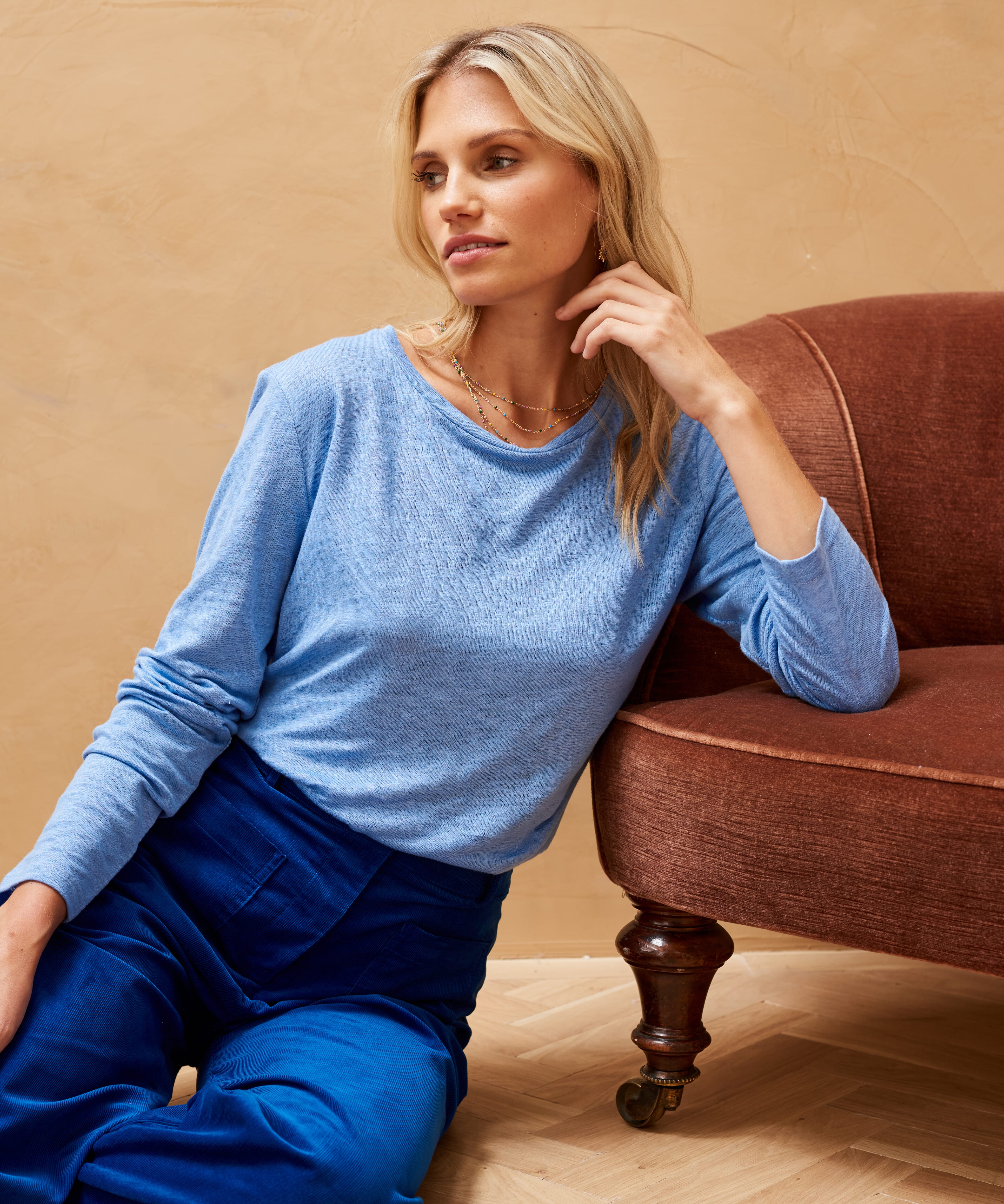 Brora Linen Knit Boat Neck T-Shirt Cornflower