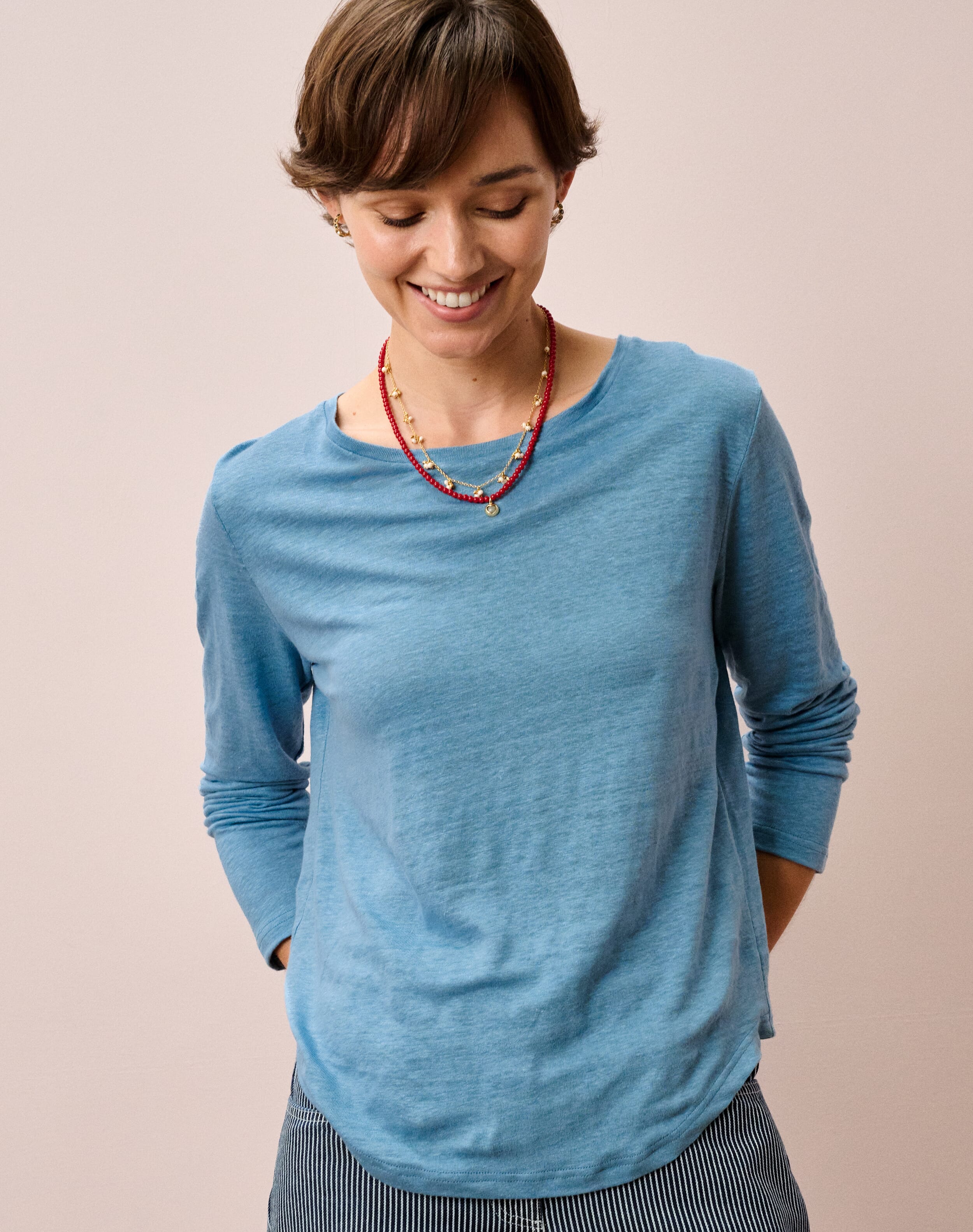 Brora Linen Knit Boat Neck T-Shirt Chambray