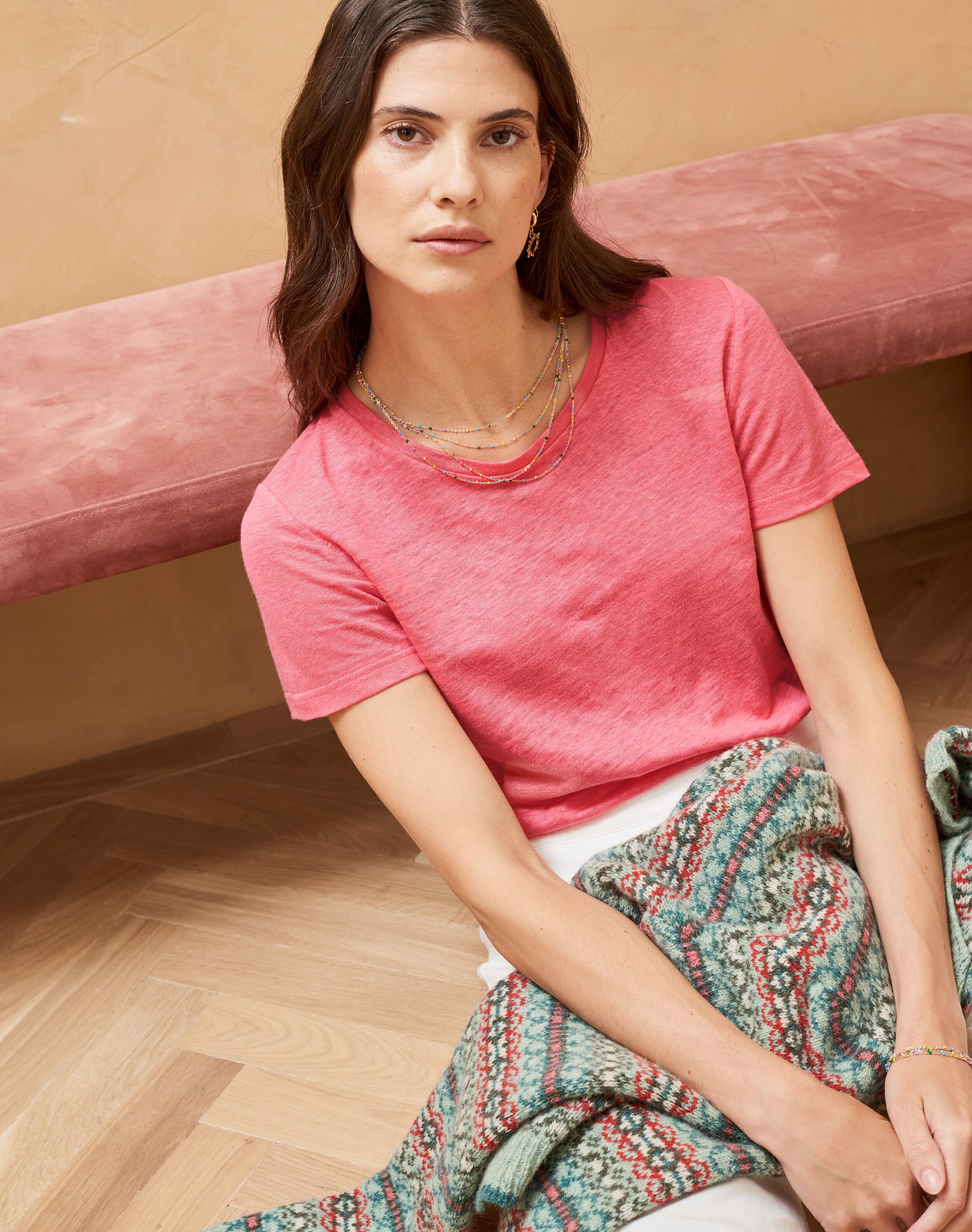 Brora Linen Knit T-Shirt Flamingo