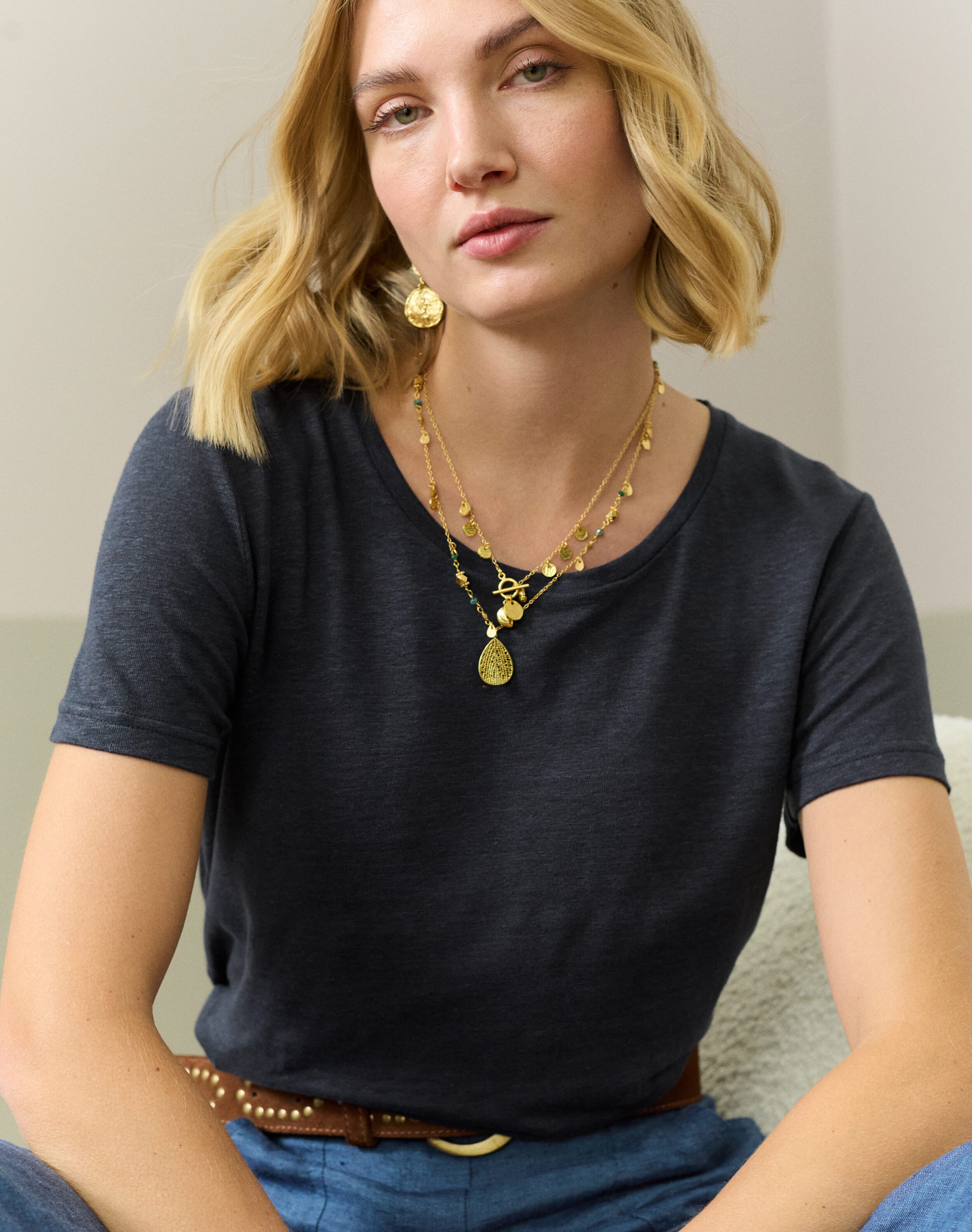 Brora Linen Knit T-Shirt Ink for Women  - Size: 6
