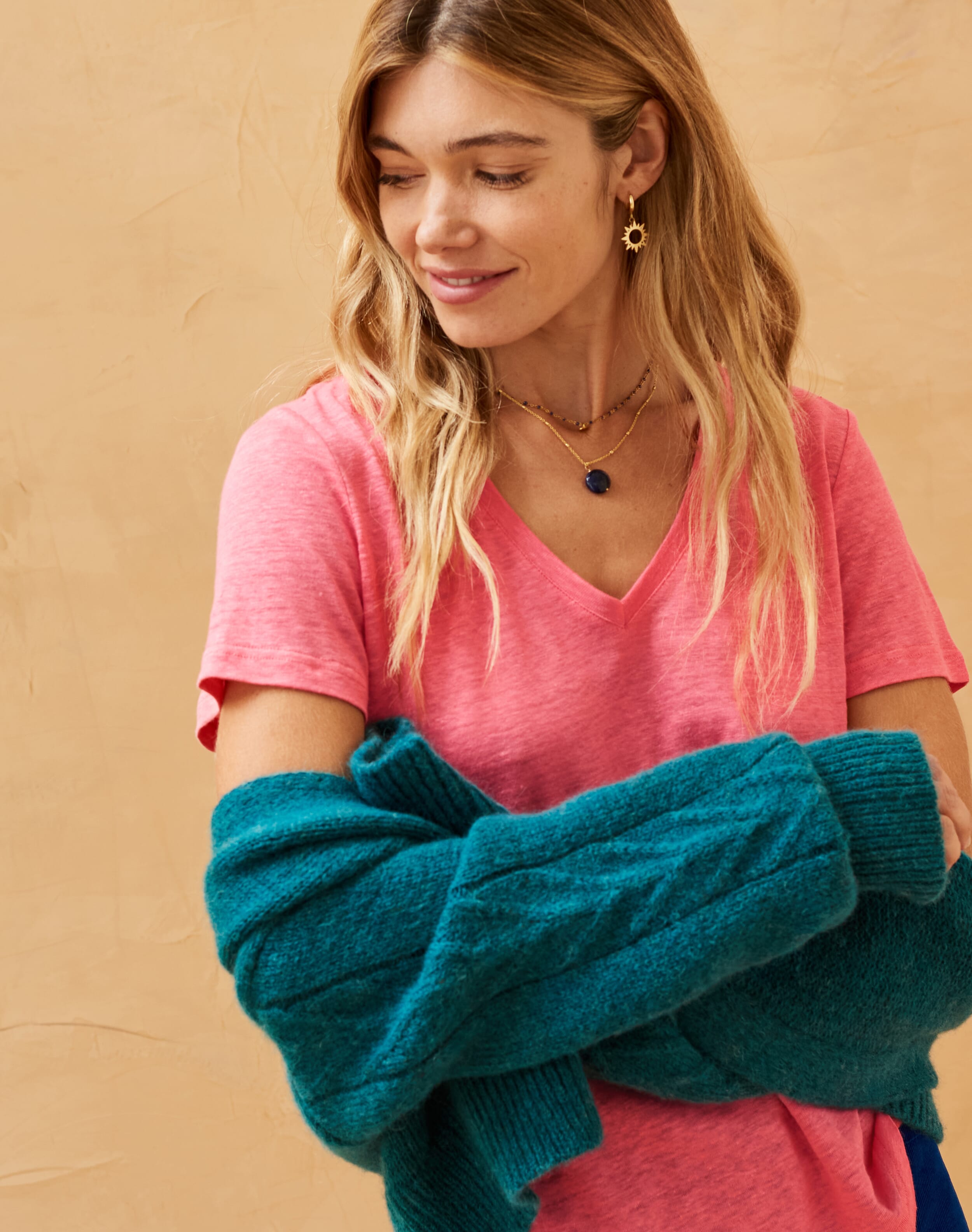 Pink Linen V Neck T-Shirt | Women's Tops | Brora Fashion