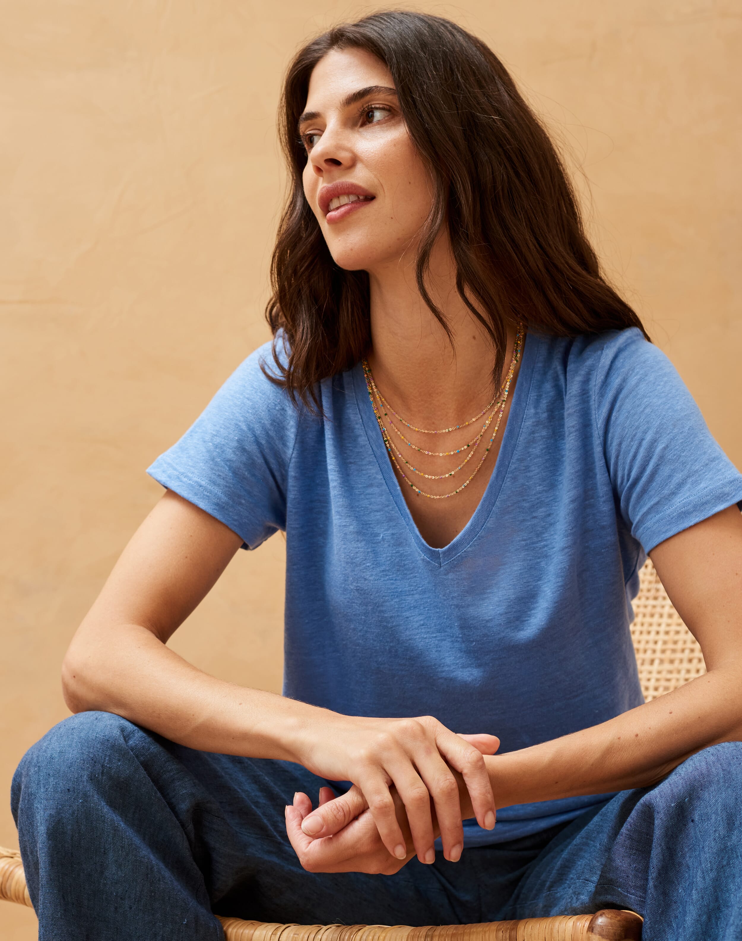 Blue Linen V Neck T-Shirt | Women's Tops | Brora Fashion