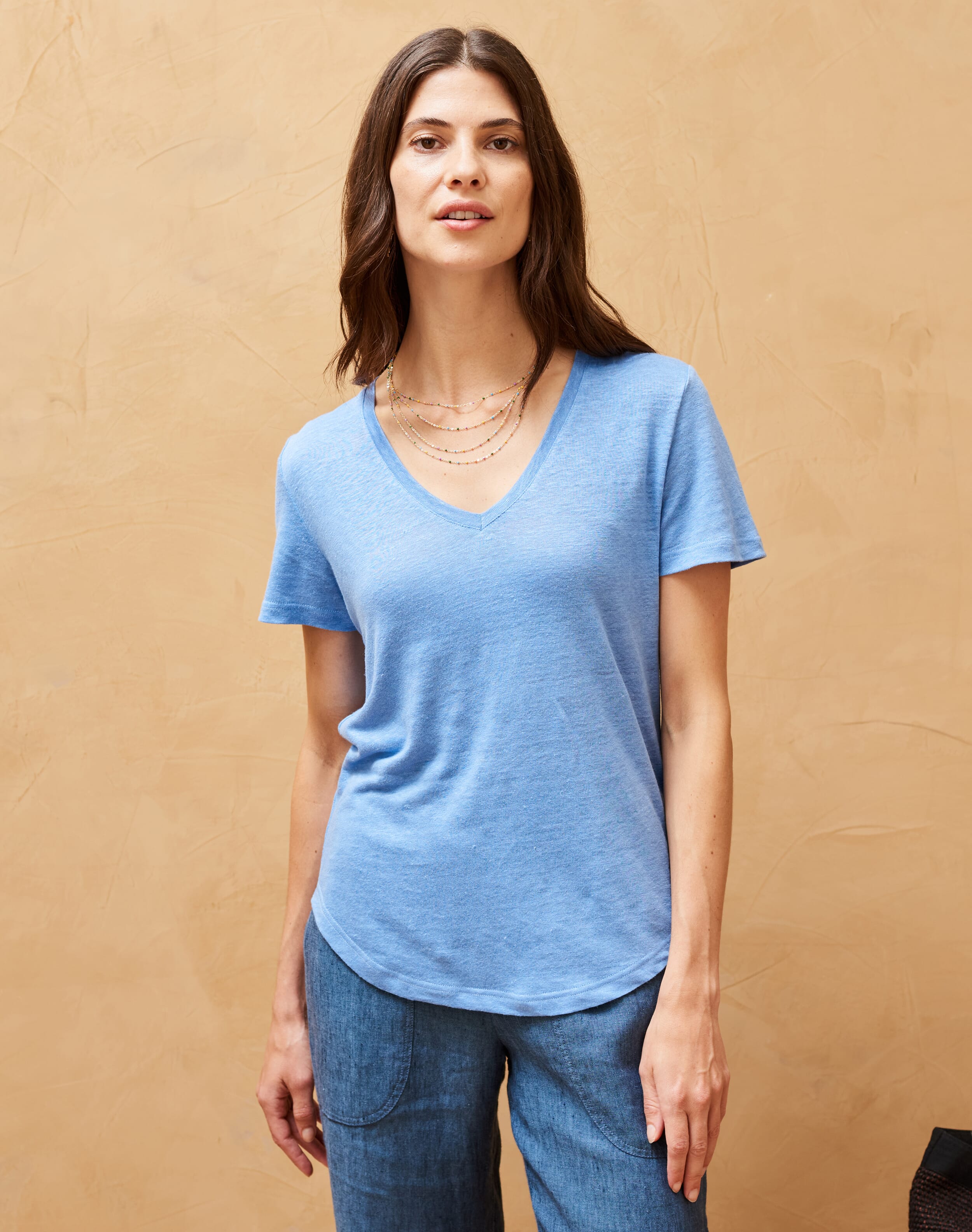 Blue Linen V Neck T-Shirt | Women's Tops | Brora Fashion