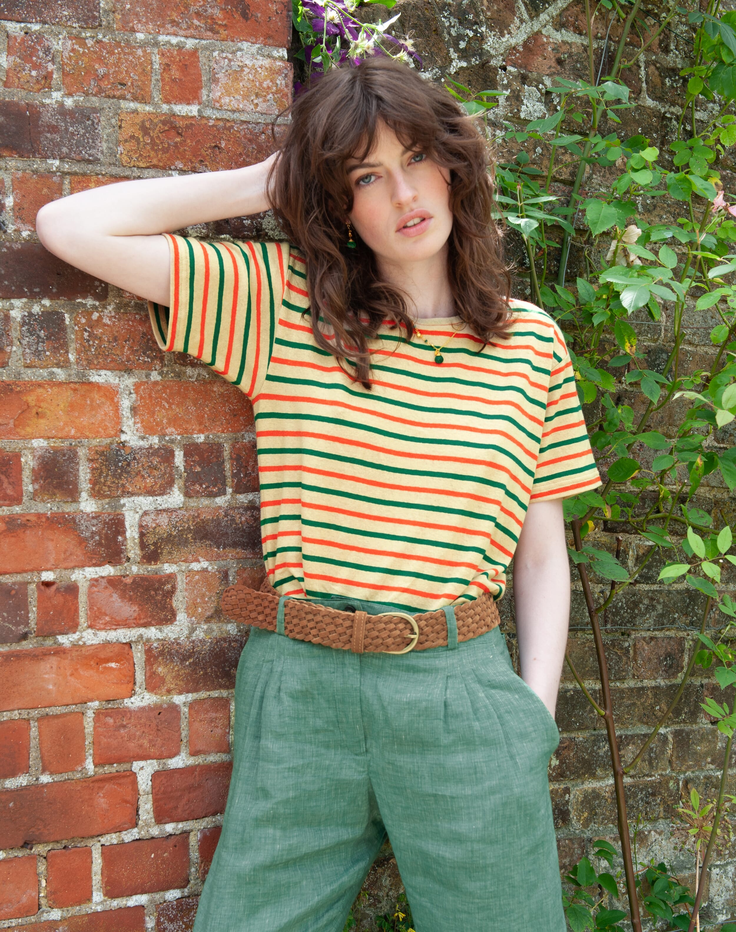 Cotton Linen Stripe T-Shirt Emerald & clementine