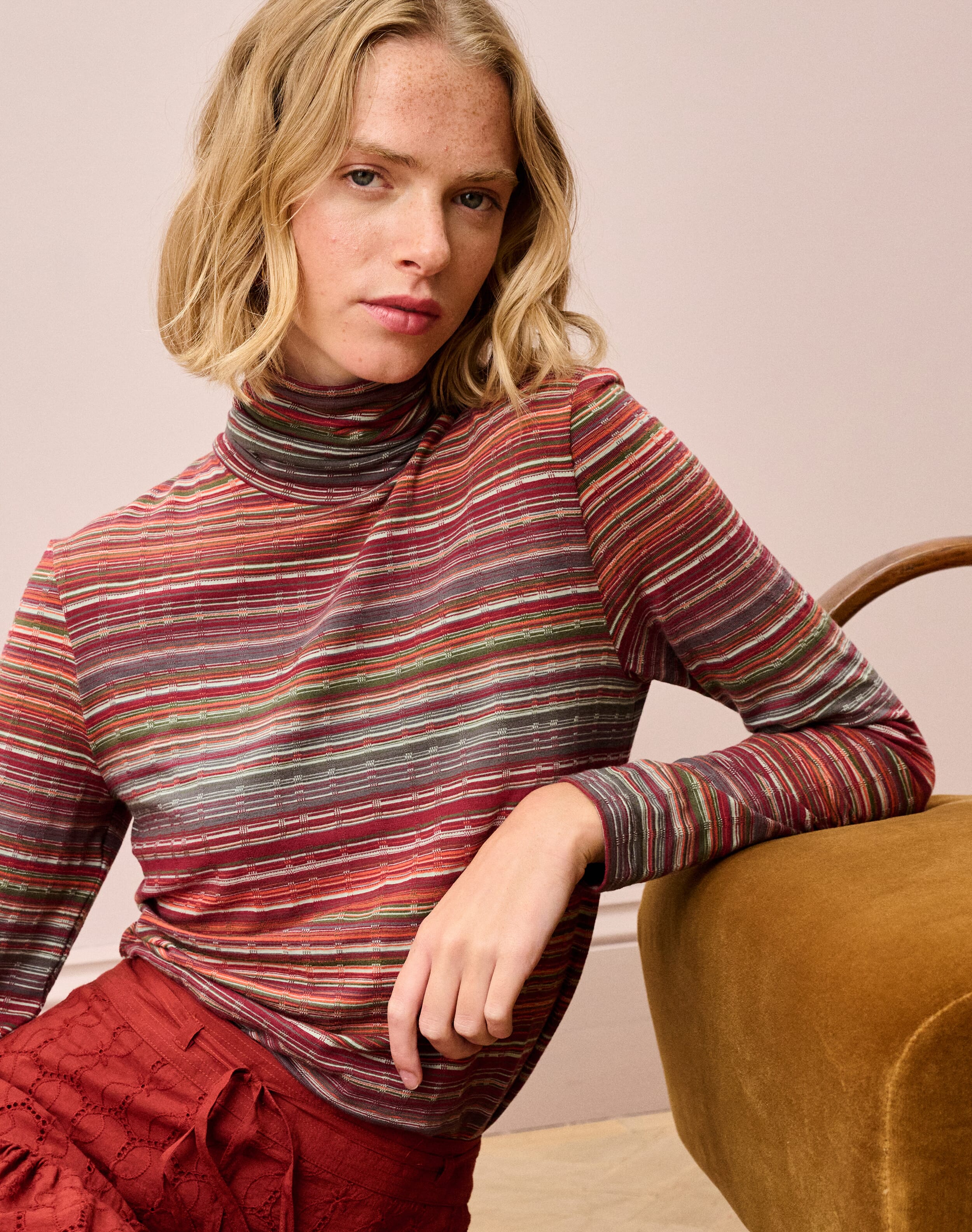 Brora Fine Stripe Jersey Polo Neck Paprika & slate  - Size: 6