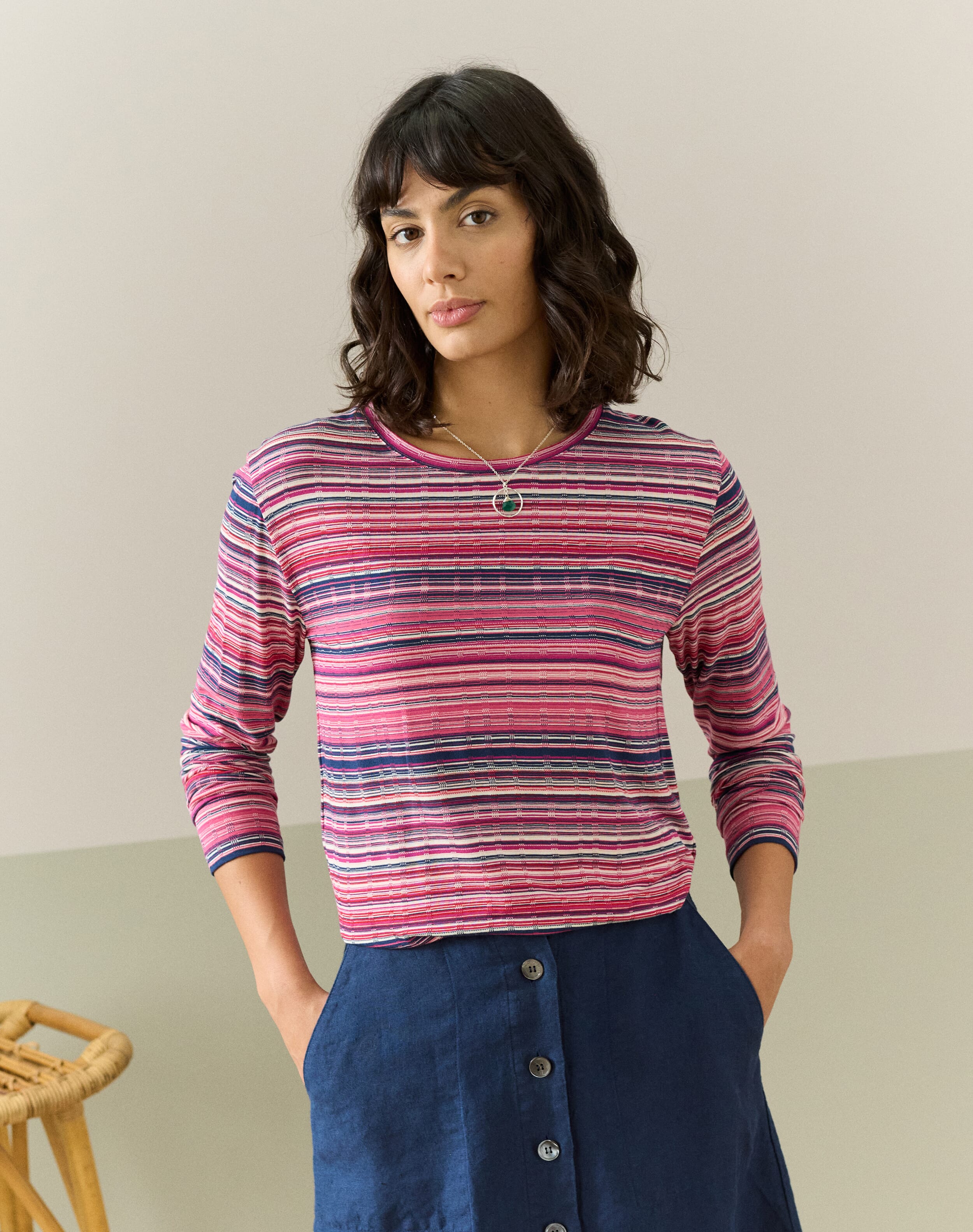 Brora Fine Stripe Jersey T-Shirt Geranium & navy  - Size: 10