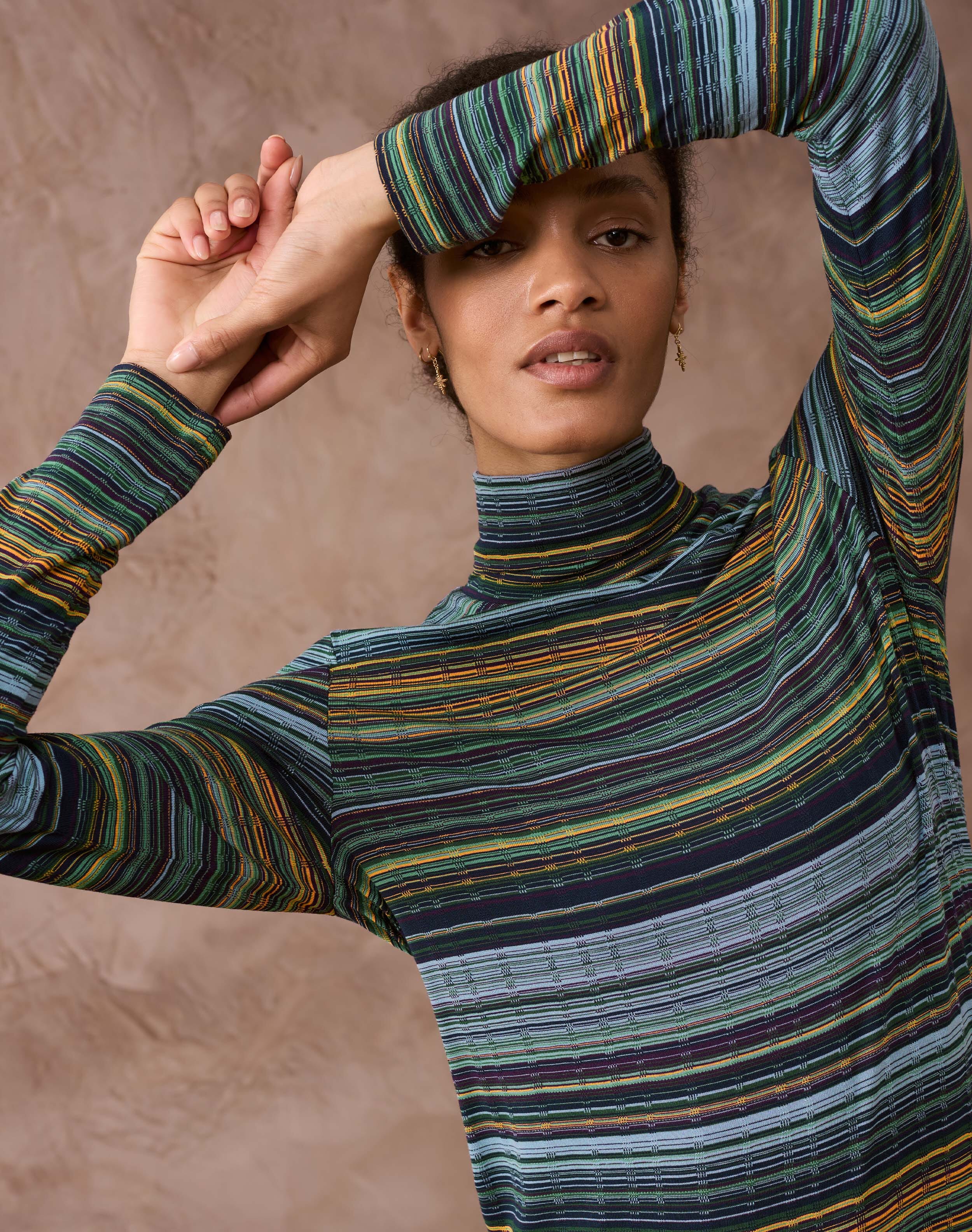 Brora Fine Stripe Jersey Polo Neck Pine ochre