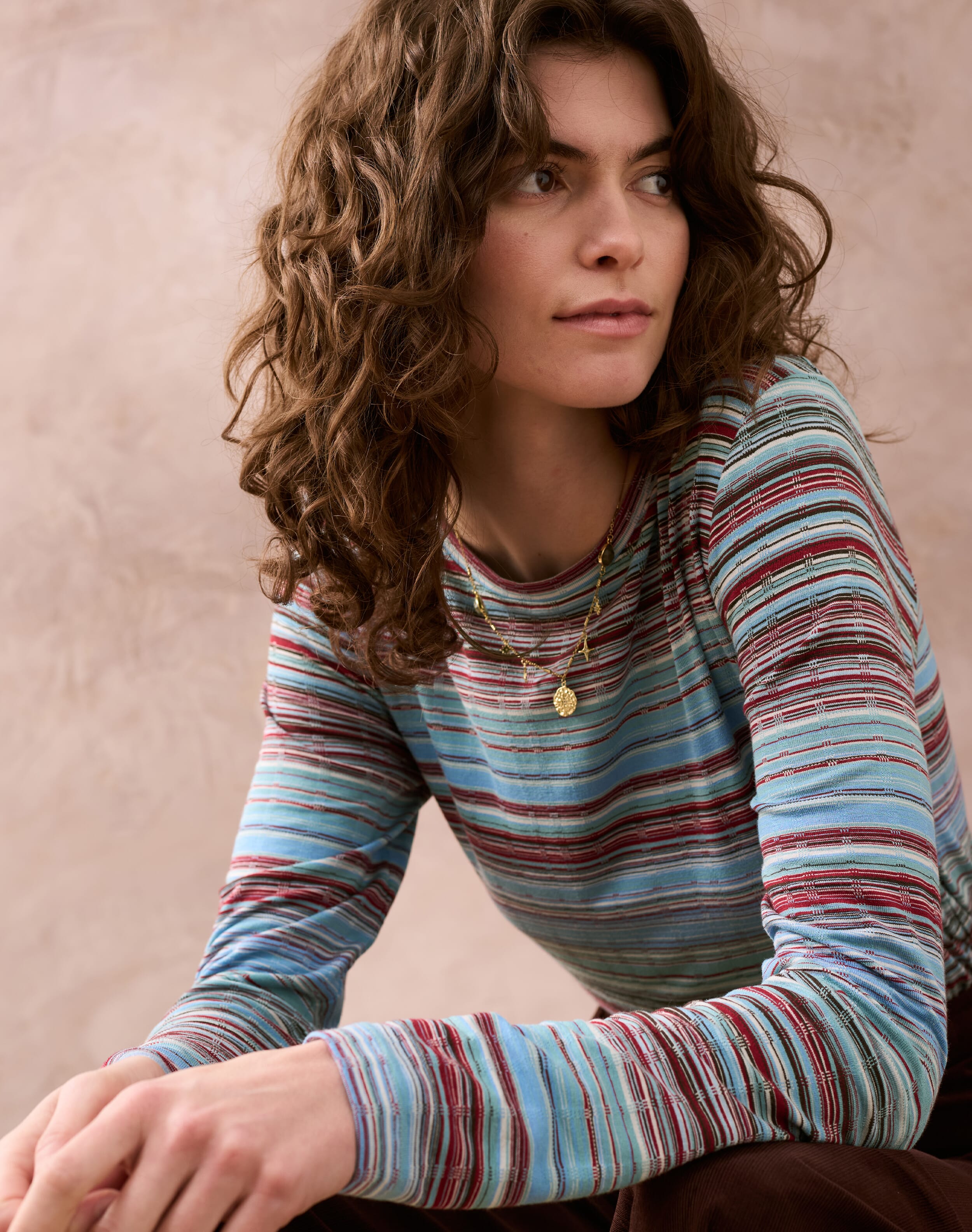 Brora Fine Stripe Jersey T-Shirt Sky ruby