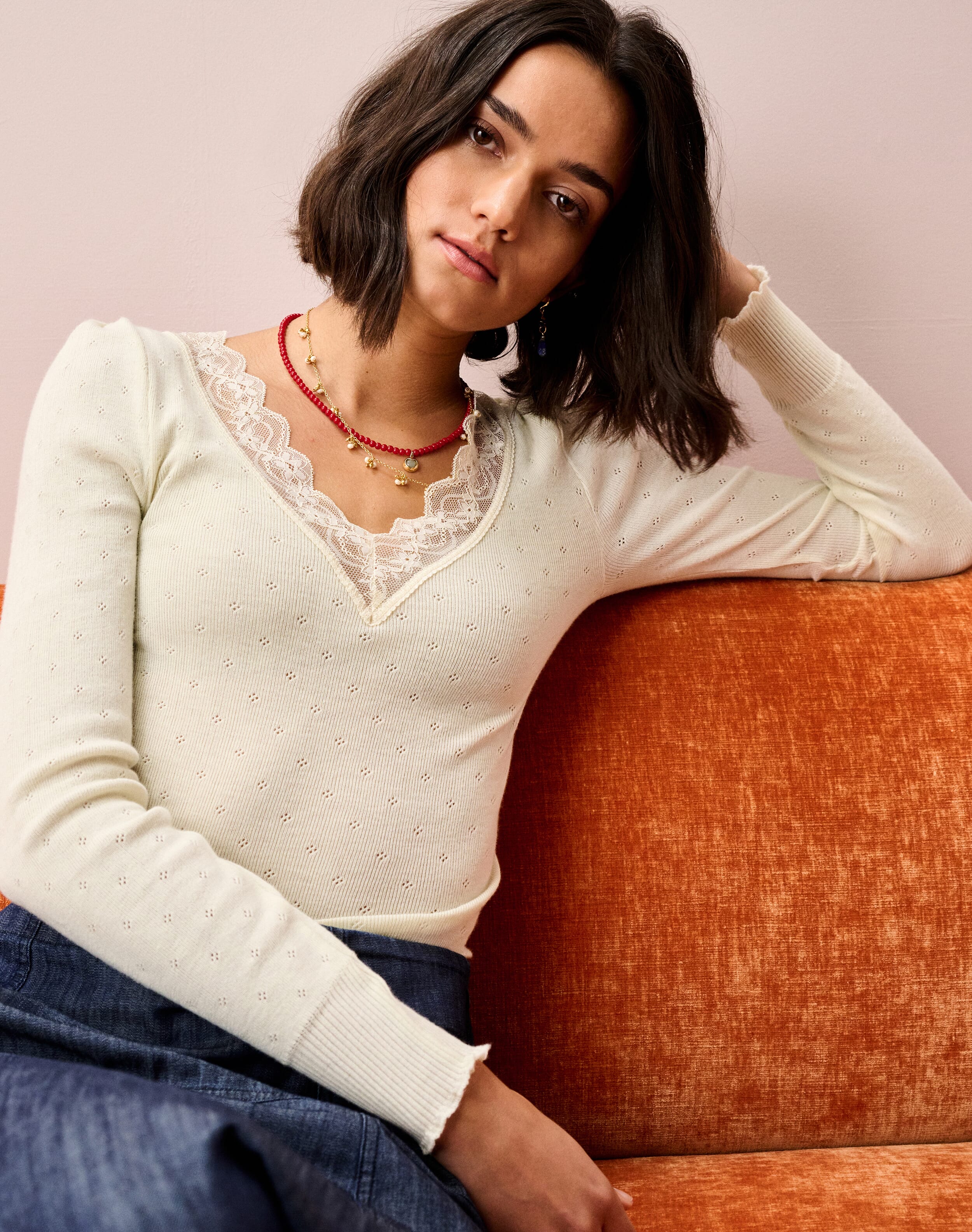 Brora Lace Trim V Neck Top Ivory