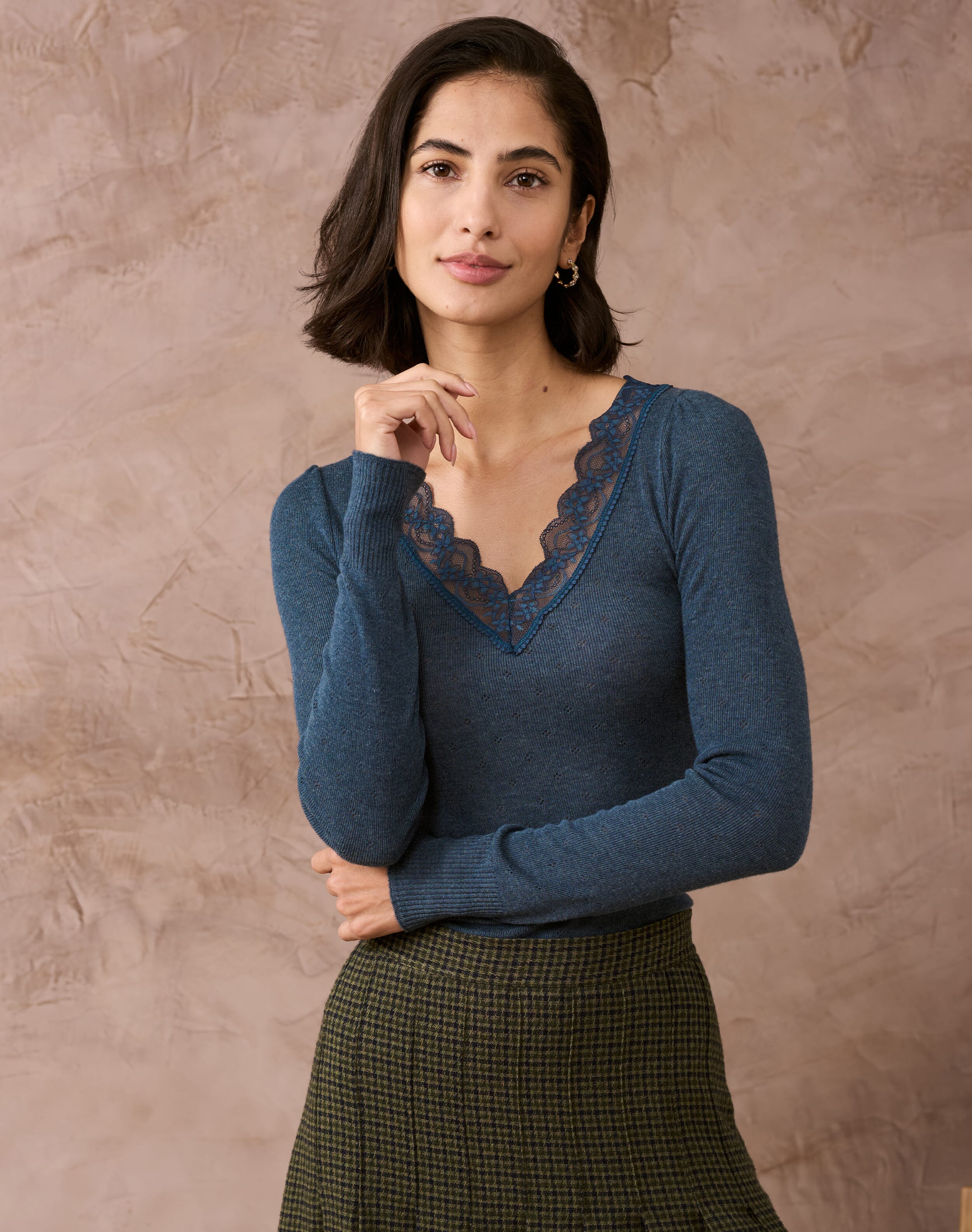 Navy Lace Trim V Neck Top | Women's Tops | Brora Fashion
