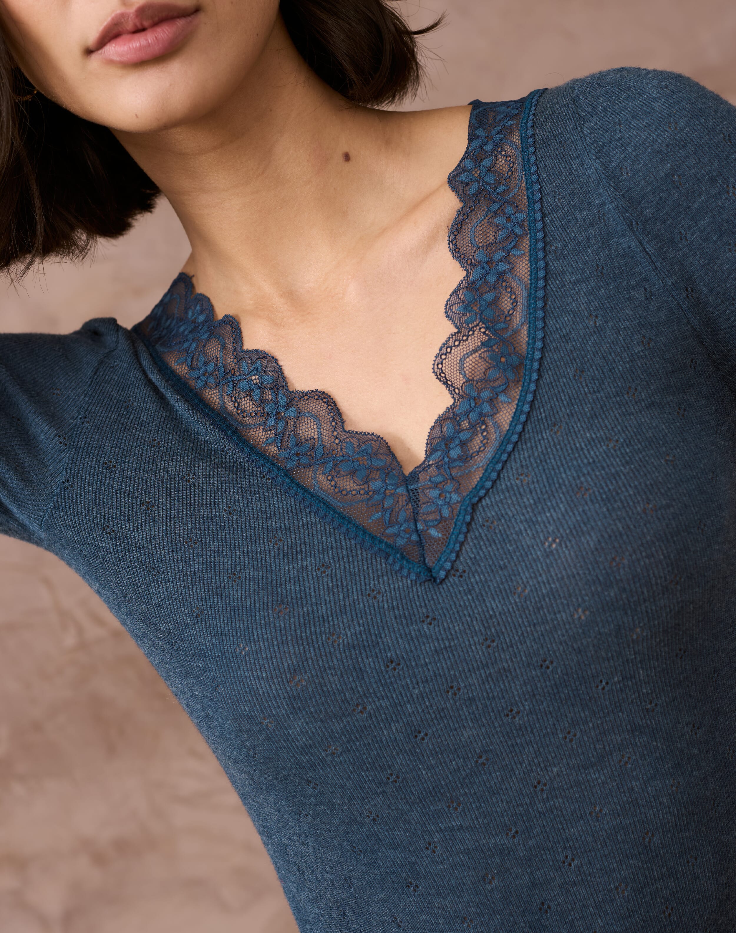 Beige Plaid Lace Trim V-Neck Top