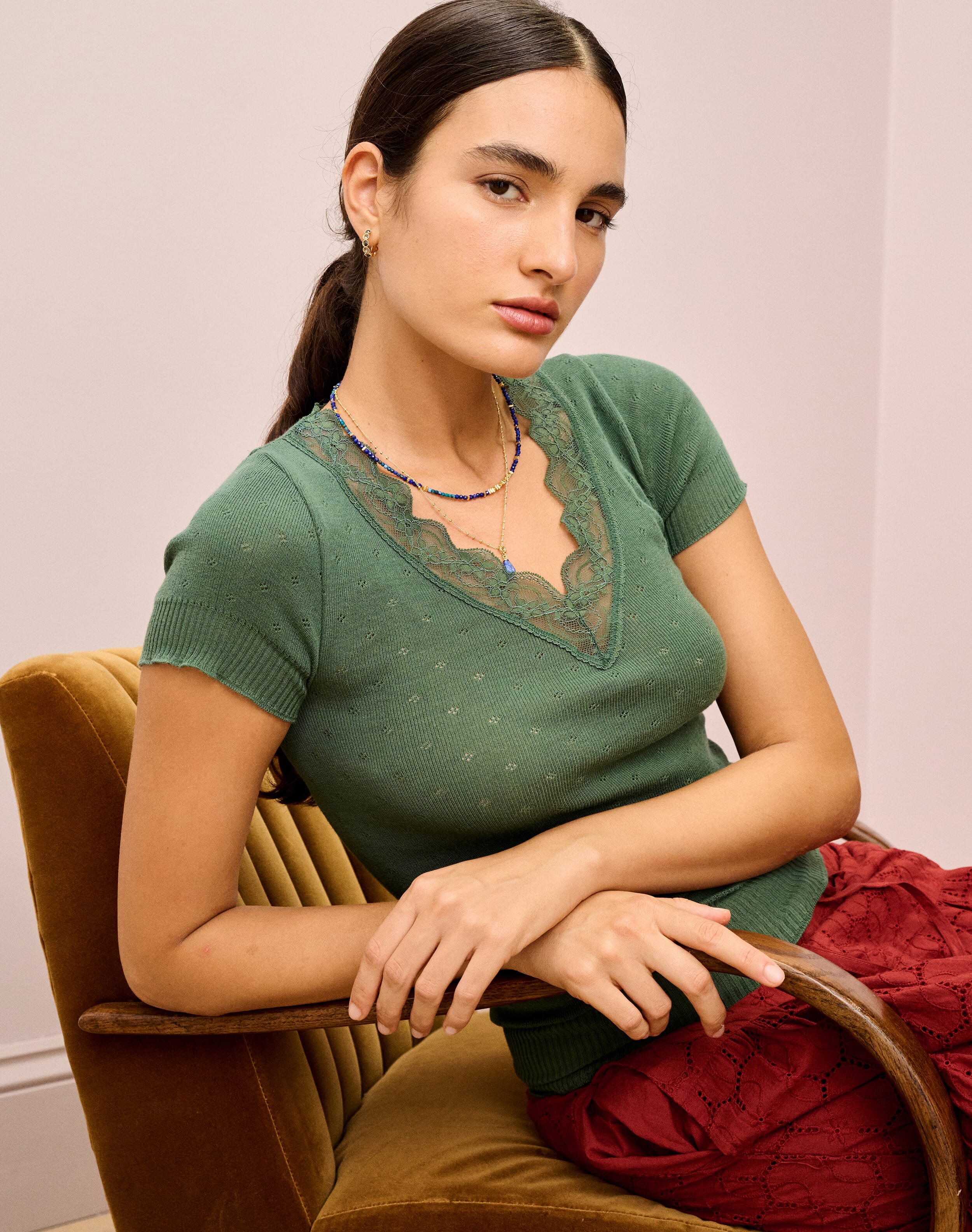 Brora Lace Trim Cap Sleeve Top Tarragon