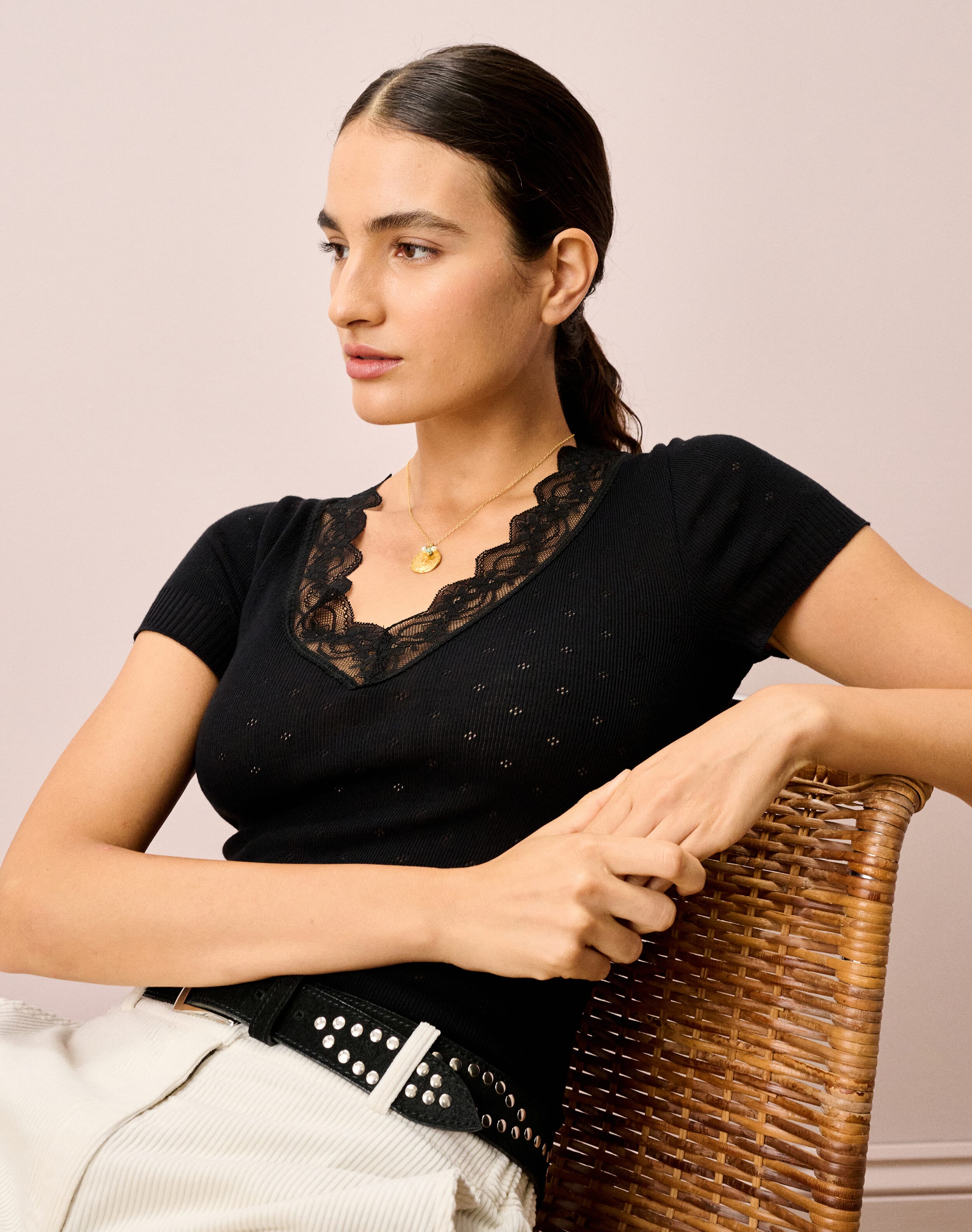 Brora Lace Trim Cap Sleeve Top Black