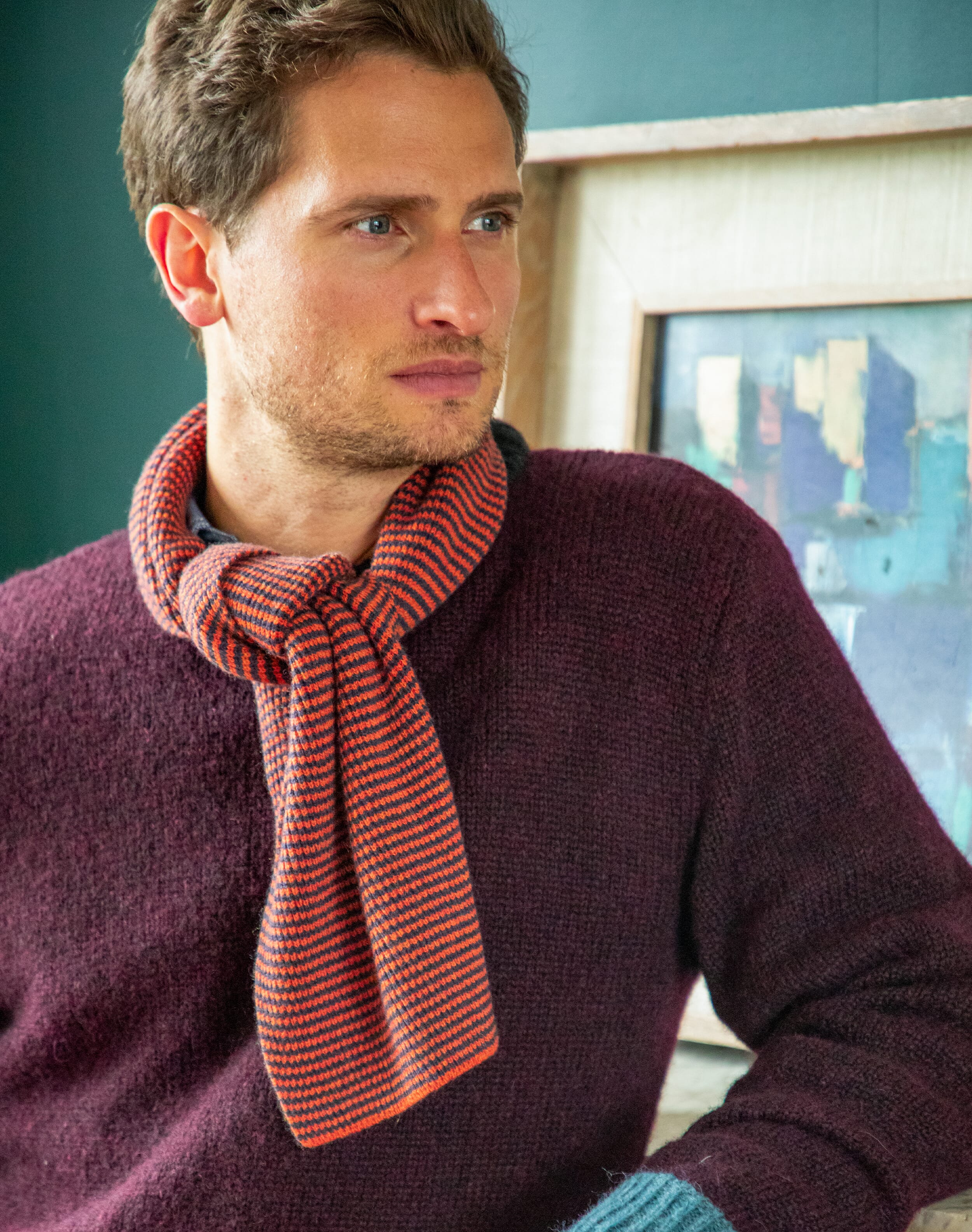 Scottish Cashmere Fine Stripe Scarf in Ember & Midnight| Brora