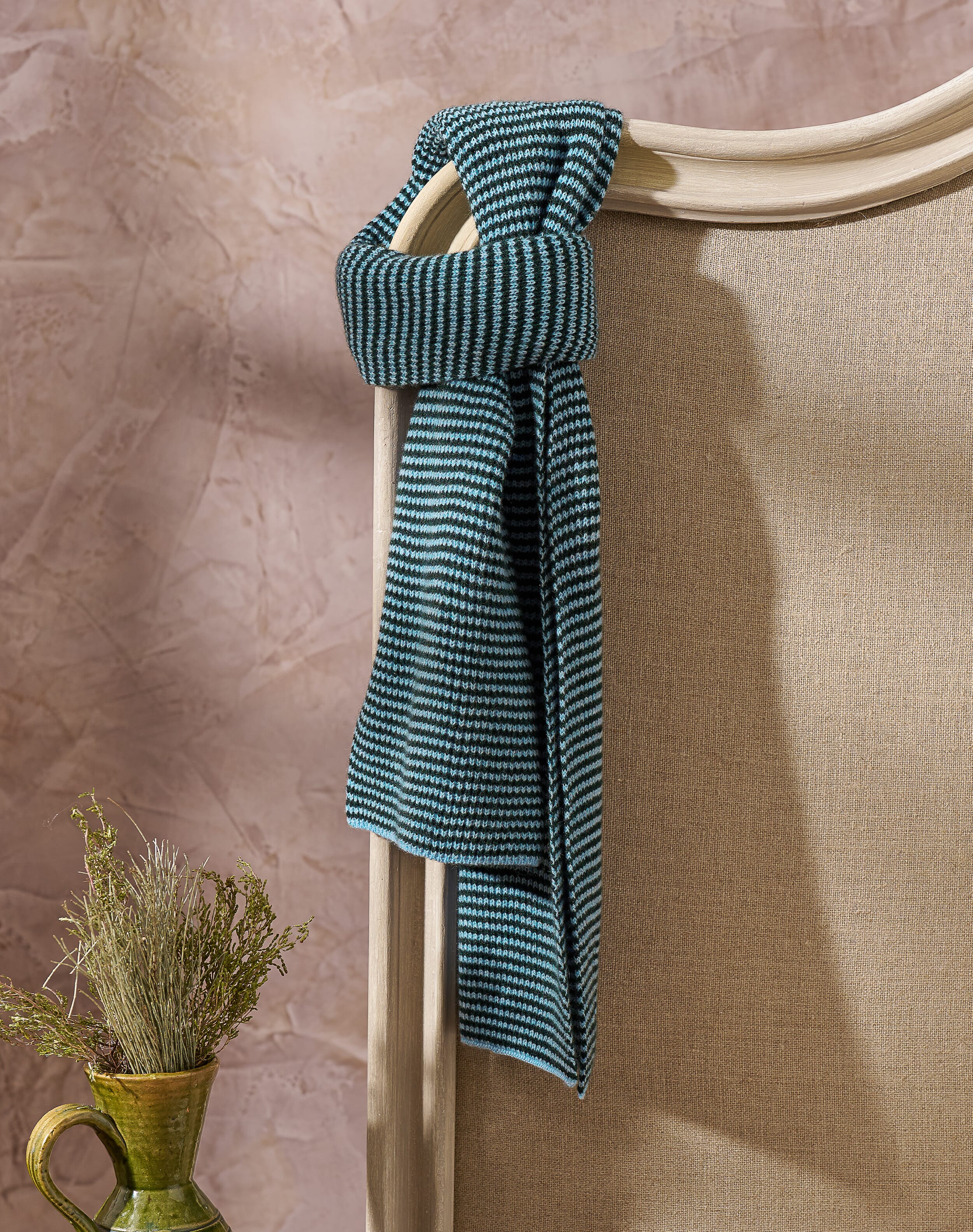 Brora Cashmere Fine Stripe Scarf Pine sky