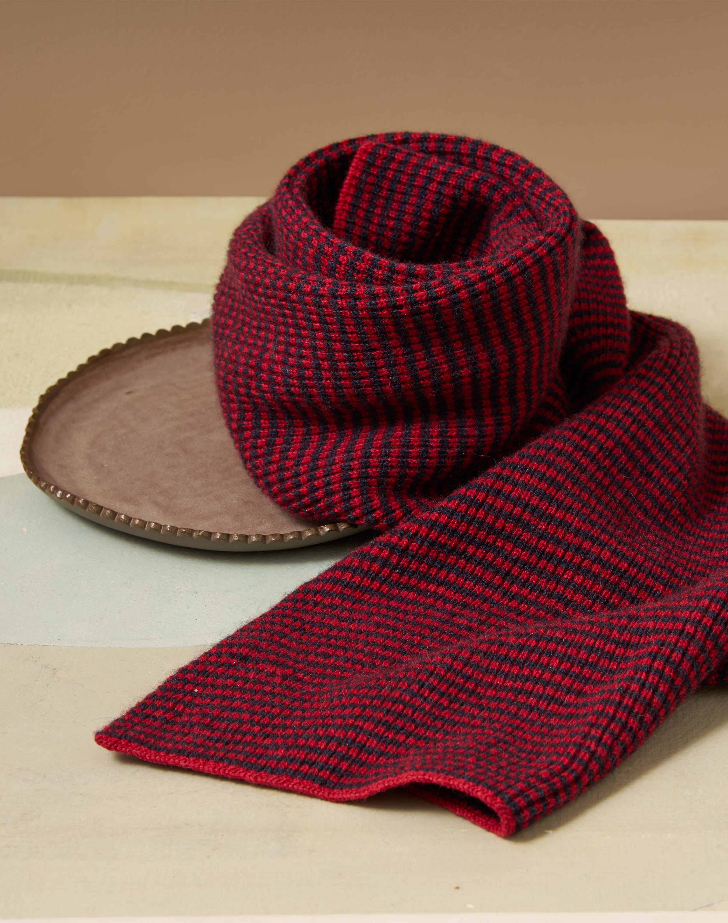 Brora Cashmere Fine Stripe Scarf Garnet & Black