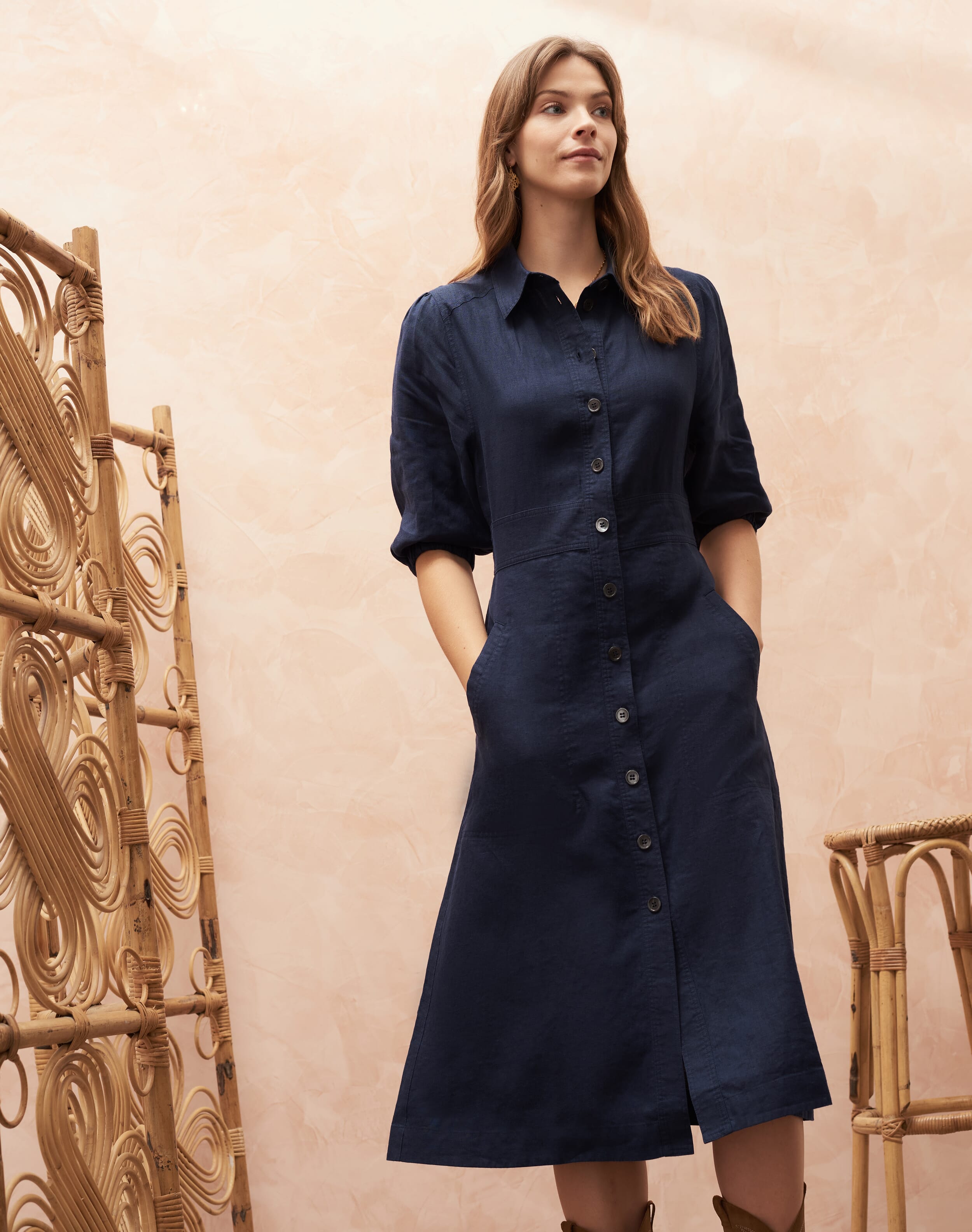 Linen Shirt Dress in Navy | Womenswear | Brora