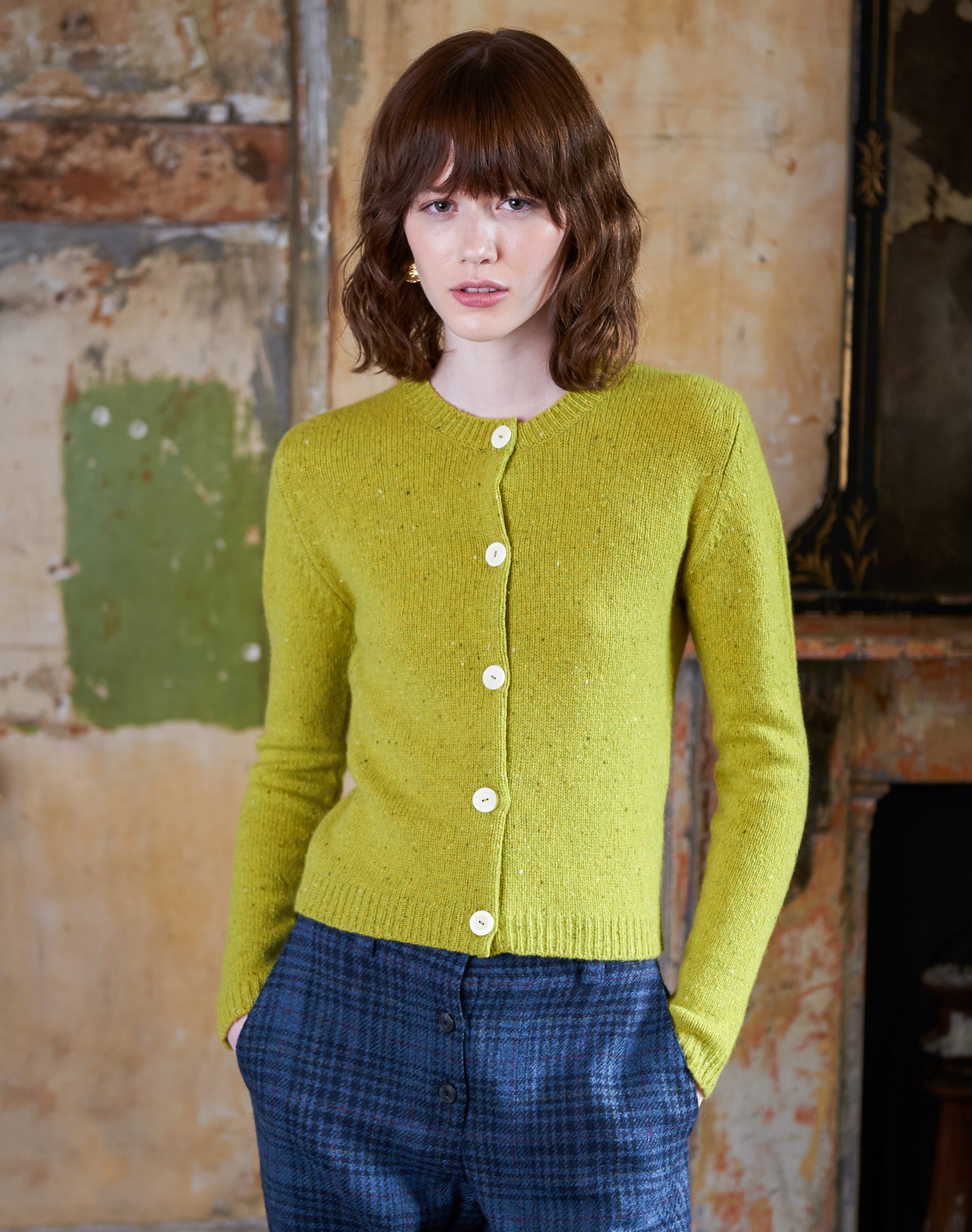 Scottish Cashmere Donegal Cardigan in Chartreuse | Brora