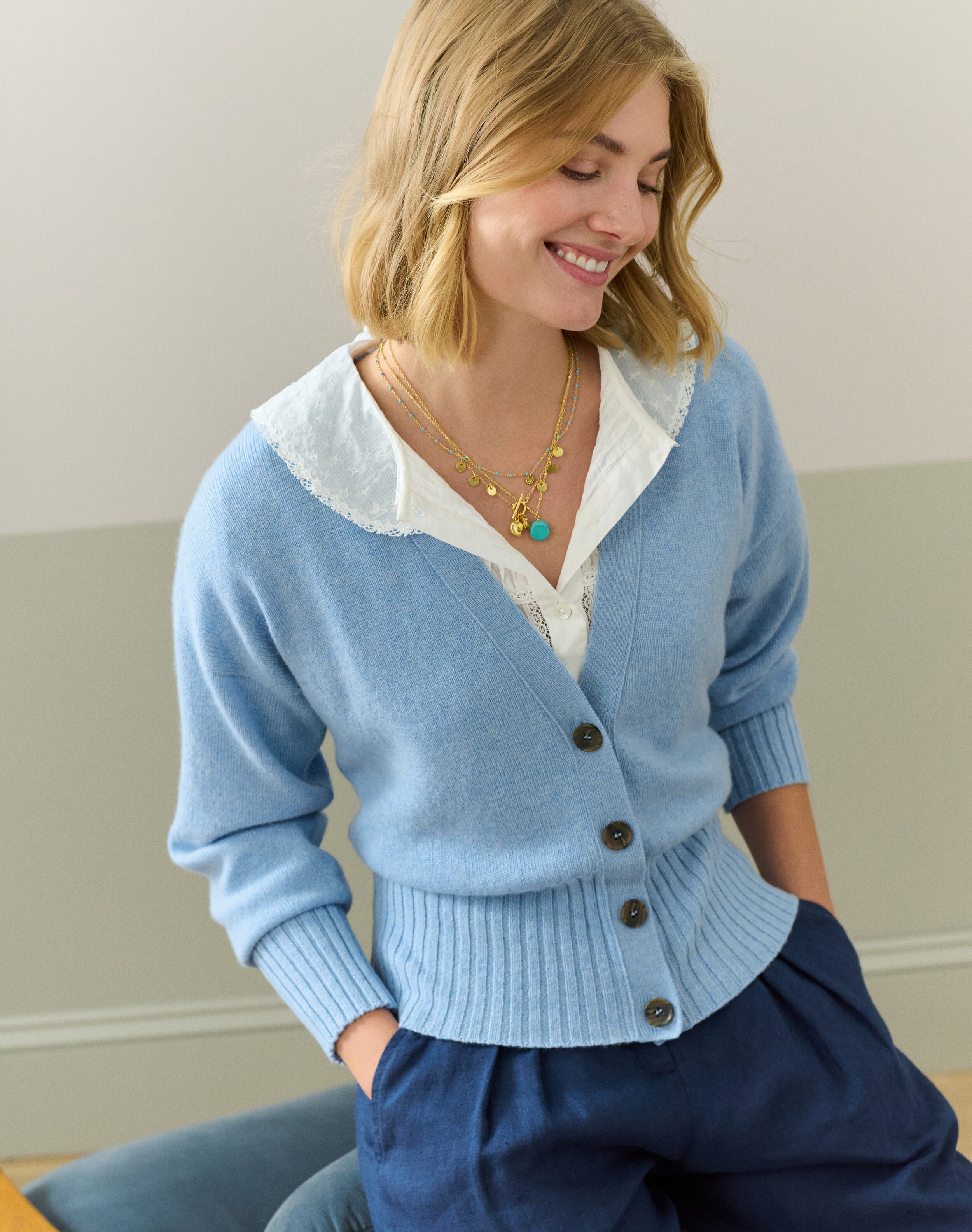Brora Cashmere V Neck Cardigan Porcelain