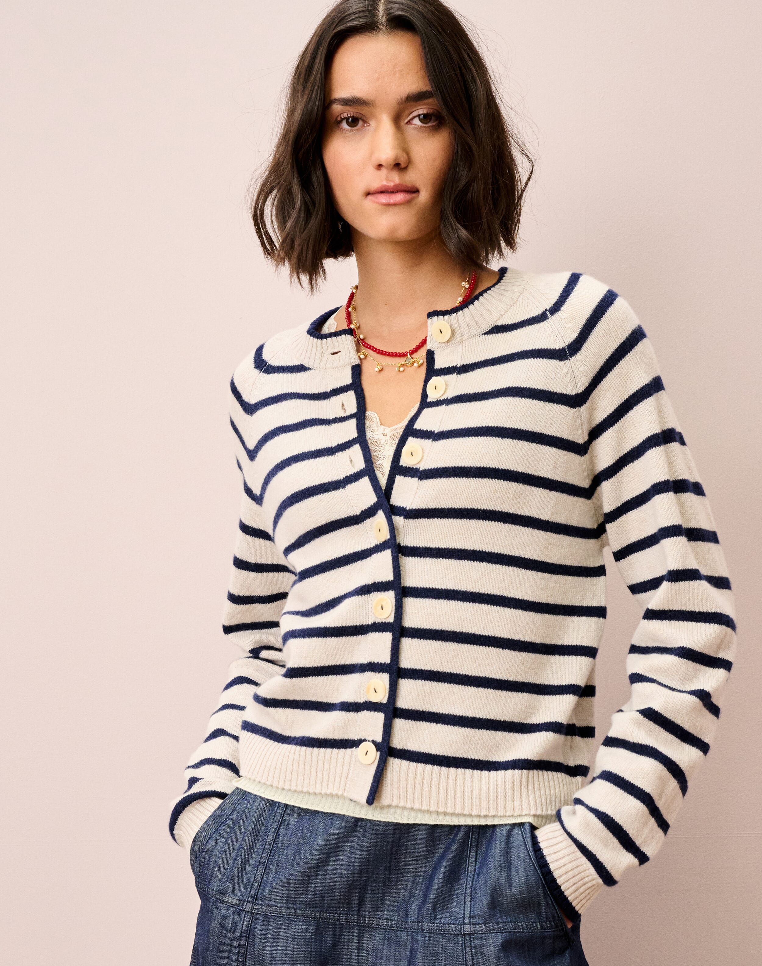 Brora Cashmere Stripy Cardigan Swan & french navy