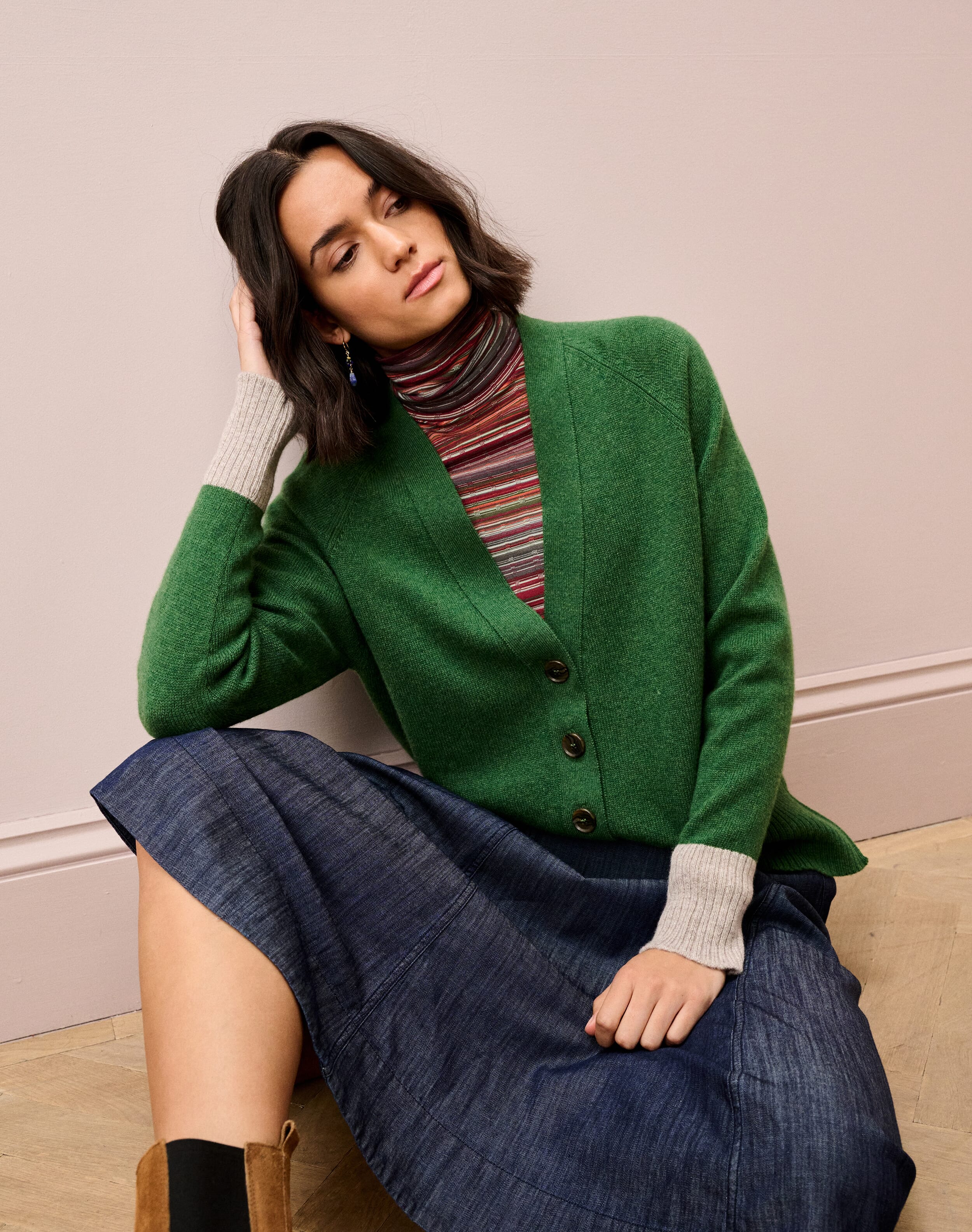 Brora Cashmere Contrast Cuff Cardigan Parsley