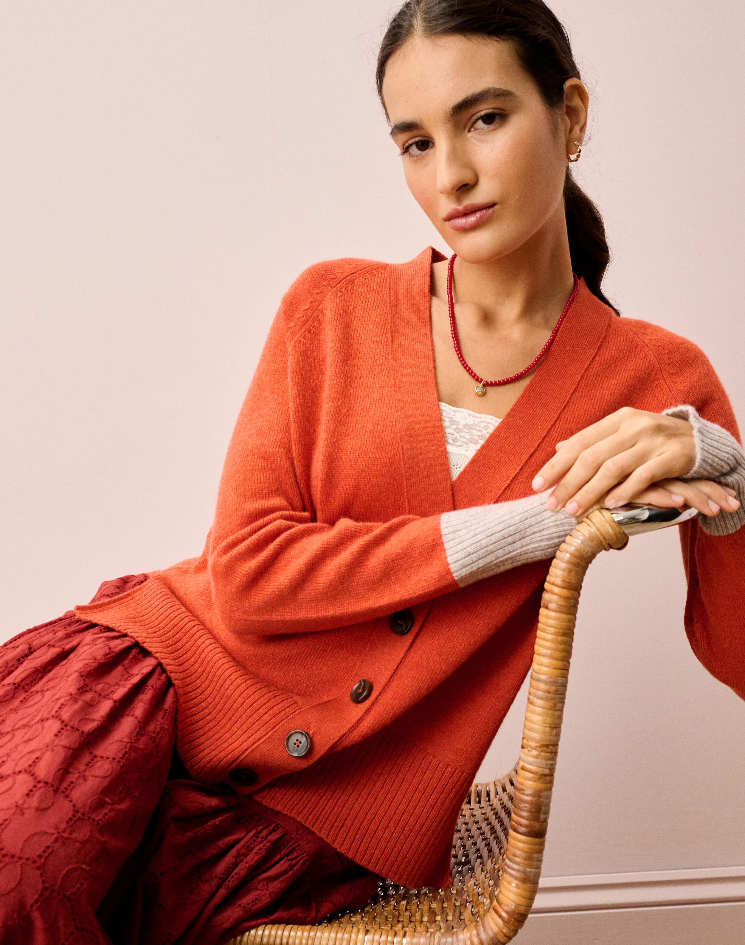 Brora Cashmere Contrast Cuff Cardigan Spice  - Size: 12-14