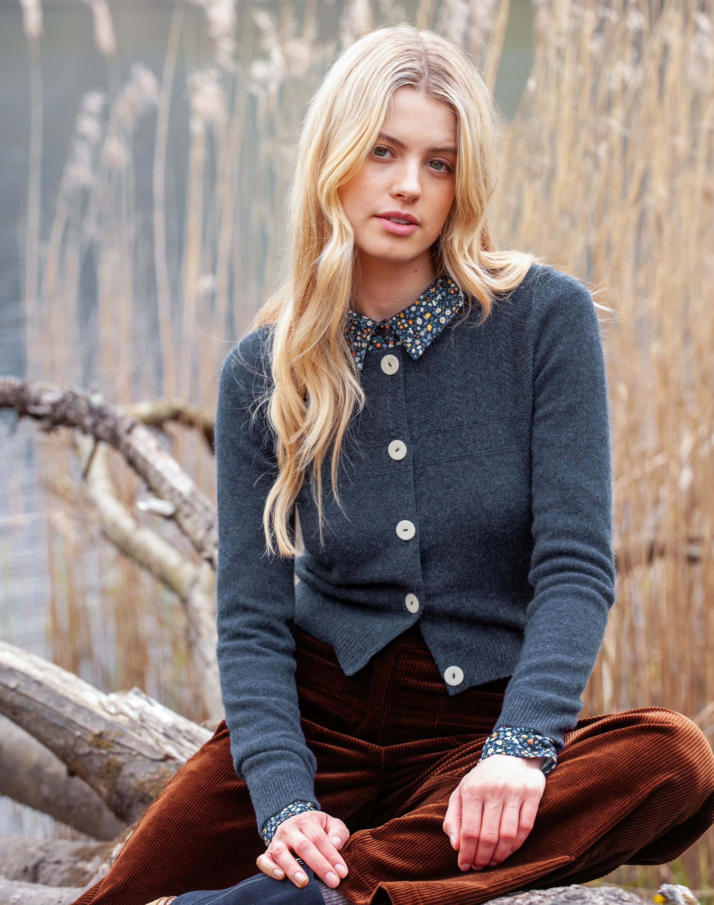 Scottish Cashmere Guernsey Cardigan in Steel Womenswear Brora