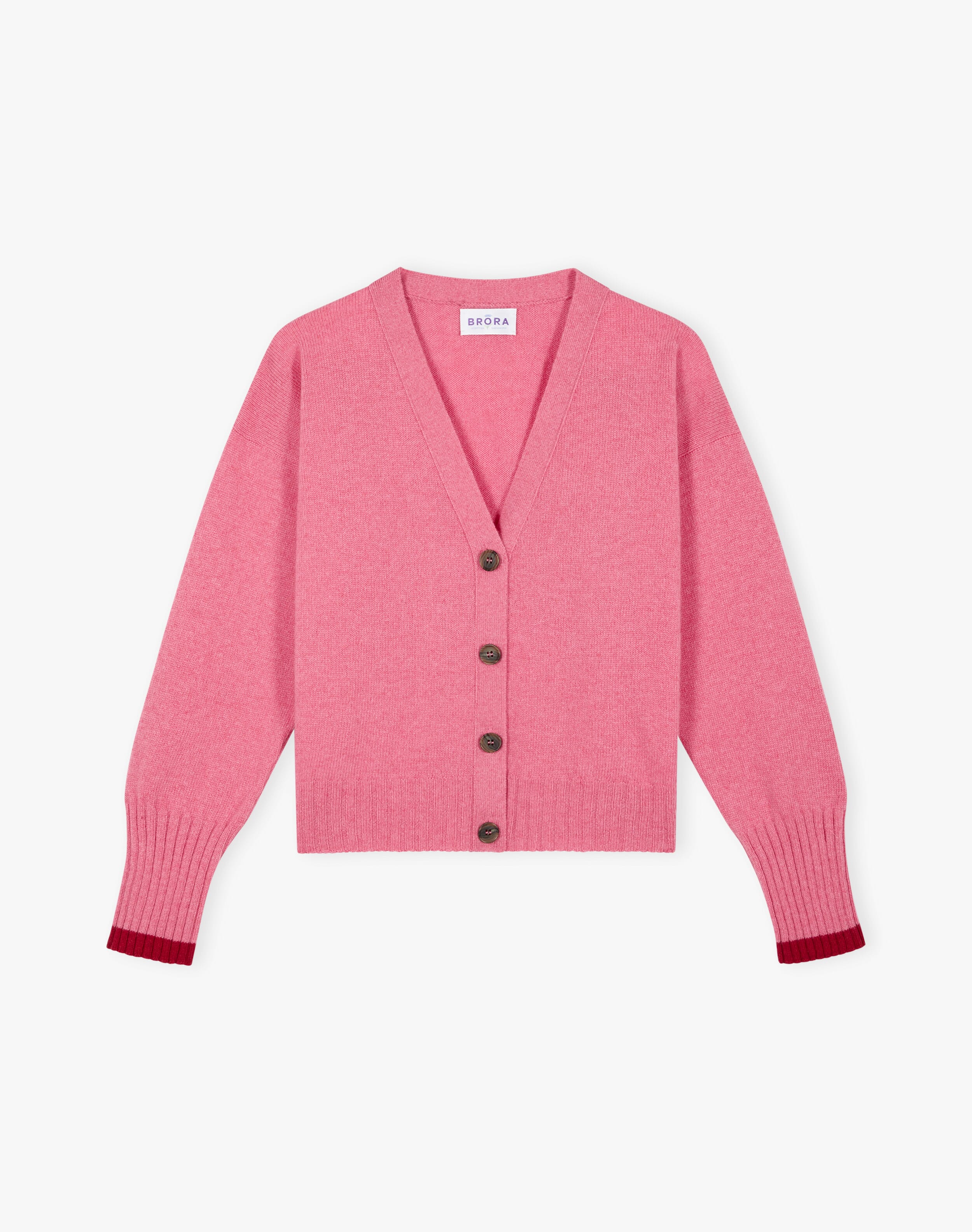 Scottish Cashmere V Neck Cardigan in Peony | Brora Sale