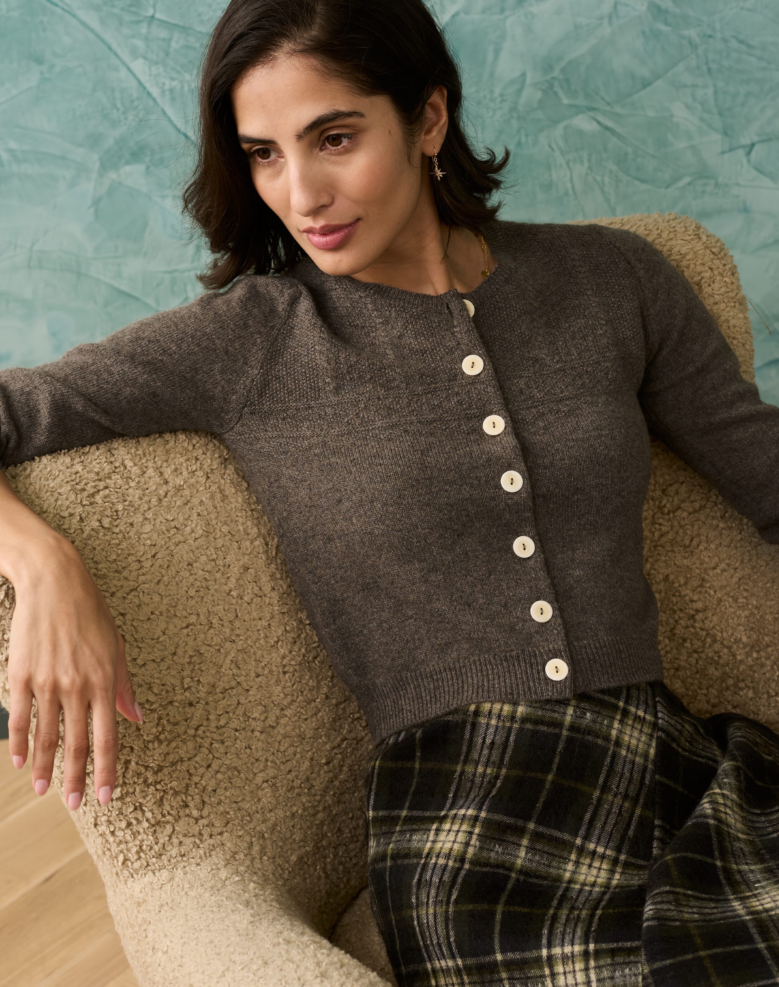 Brora Cashmere Guernsey Cardigan Mushroom