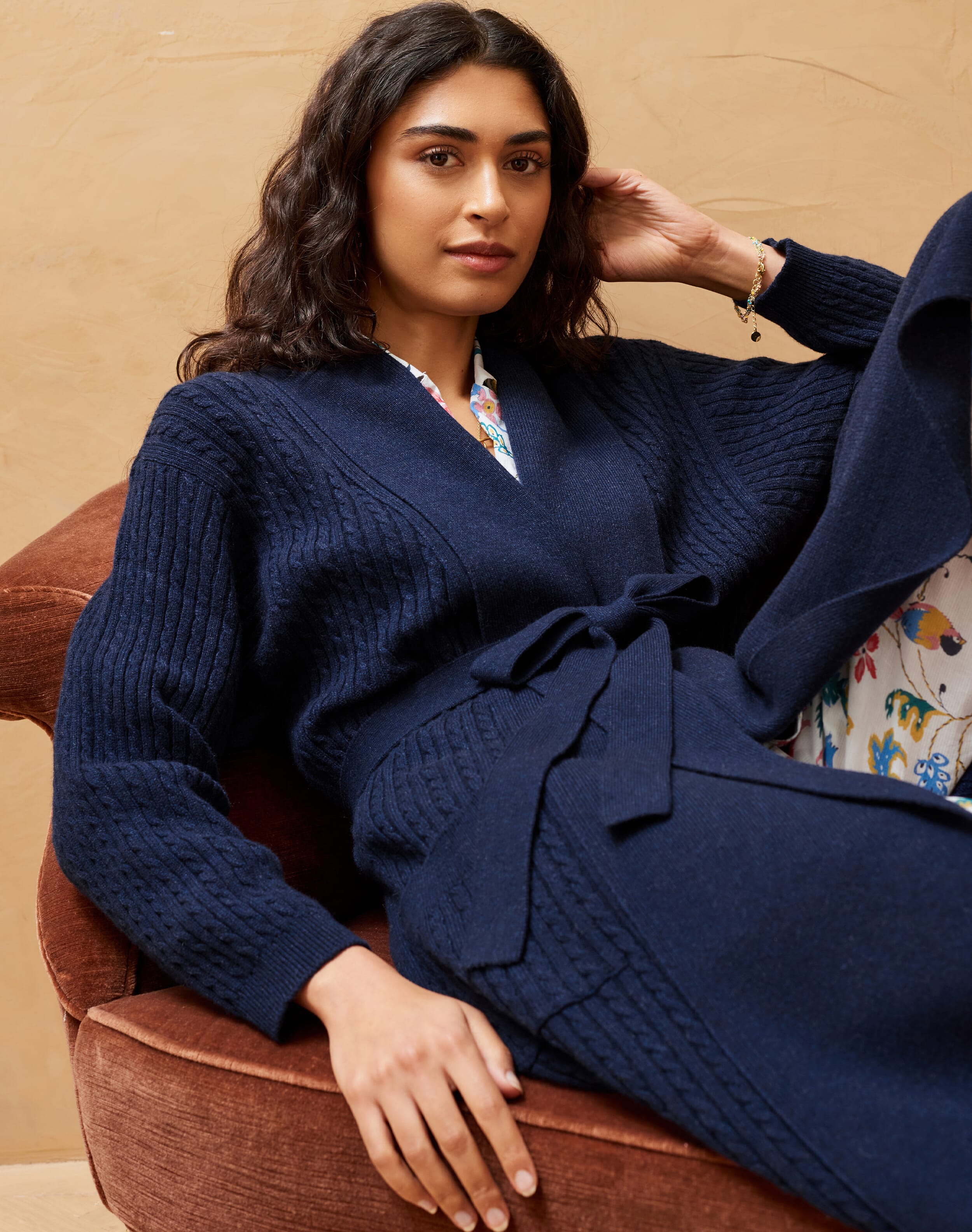 Cashmere Cable Knit Dressing Gown French Navy